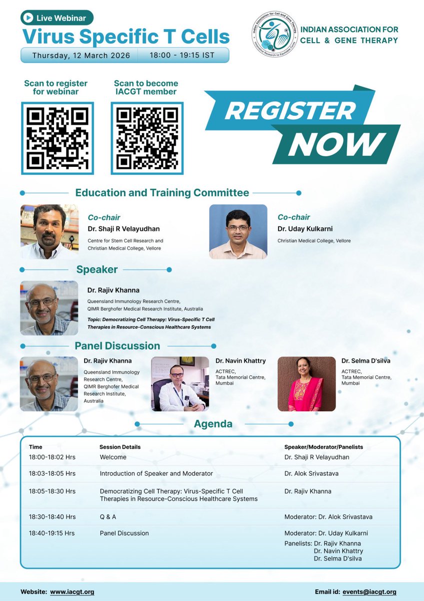 KhushaliPandit's tweet photo. ⏳ Hurry! 

Join the IACGT Live Webinar on Virus-Specific T Cells
🗓 12 Mar 2026 | ⏰ 6–7:15 PM IST

🎤 Dr. Rajiv Khanna
Topic: Democratizing Cell Therapy in Resource-Conscious Healthcare Systems

📌 Don’t miss the expert panel discussion!

🔗 Scan QR in the flyer &amp; register now https://t.co/0fi3DPY8tI