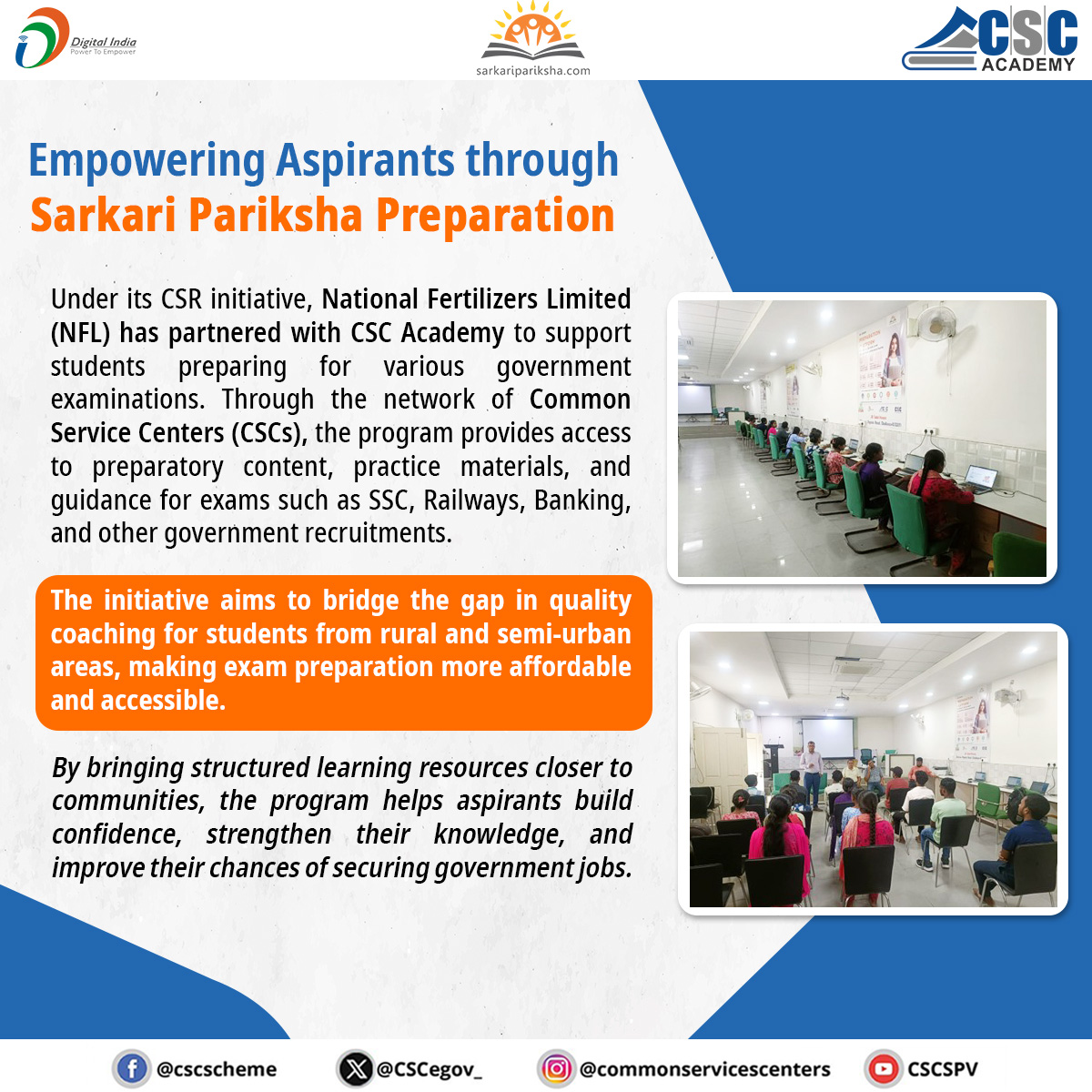 academy_csc's tweet photo. Under its CSR initiative, National Fertilizers Limited (NFL) has partnered with #CSCAcademy to support students preparing for various govt. examinations. Through CSCs, the program provides access to preparatory content, practice materials & guidance for exams.
#CSC #DigitalIndia https://t.co/fBddh6qrKD