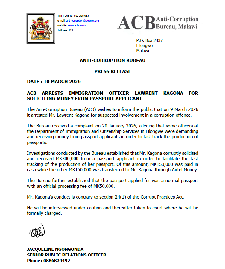PRESS RELEASE- ACB ARRESTS IMMIGRATION OFFICER LAWRENT KAGONA FOR SOLICITING MONEY FROM A PASSPORT APPLICANT