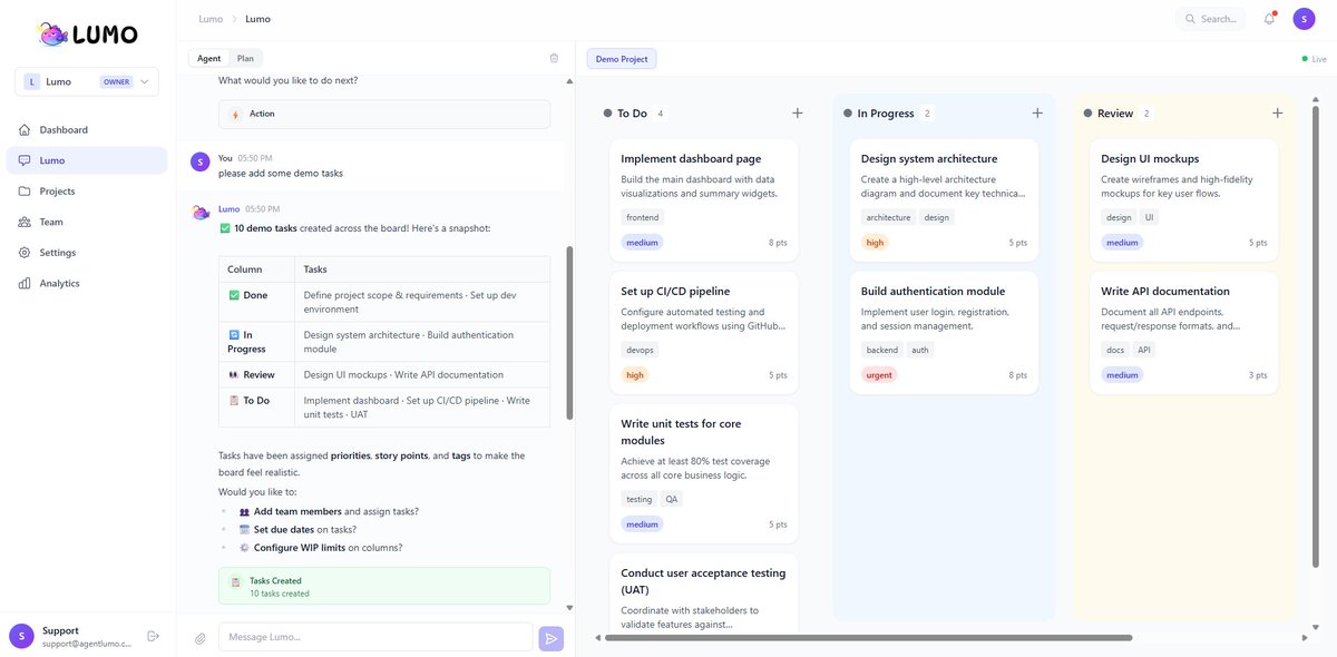 agentlumo's tweet photo. You can just chat with your kanban board. Advance from the stone age, try Lumo. https://t.co/8iwXt9lpZE