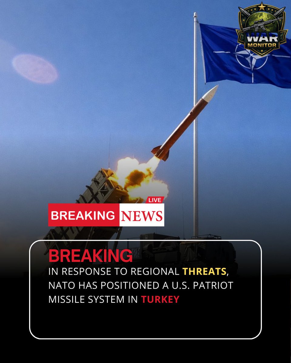 USAAlert_1's tweet photo. BREAKING: In response to regional threats, NATO has positioned a U.S. Patriot missile system in Turkey.

• System designed to intercept missiles and drones targeting strategic areas

• NATO stresses readiness and coordination with Turkish forces

• Deployment reflects escalating regional security concerns
⚠️ More updates expected.

#Breaking #MiddleEast #Turkey #NATO #AirDefense #OSINT #WarMonitor