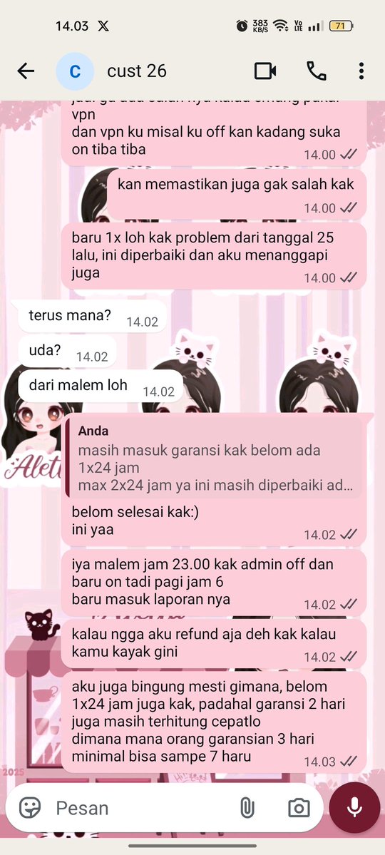 ‼️cust rude gak sabaran
jadi awalnya dia lapor ada masalah sama akun N nya di jam 11 malem, nah kebetulan aku masih pegang hp tuh mau tidur jdi aku bales lah dan forward masalahnya ke fh. tapi fh ku jam segitu udah off nah emang salahku gak kabari lebih lanjut ke c karna --