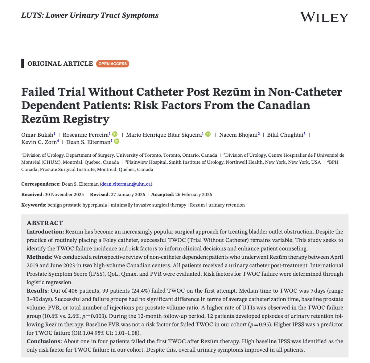 Dr_KevinZorn's tweet photo. Great team work addressing  risk factors of men who failed  TOV at 1 week post #REZUM @BSCEMEA_Urology  @bsc_urology  ?size ?preop IPSS ?PVR.  Find out in large multi institutional series @DrDeanElterman  @ChughtaiMD  @naeembhojani7  just published: https://t.co/l3mUUPwxze https://t.co/SFnzFgT75p