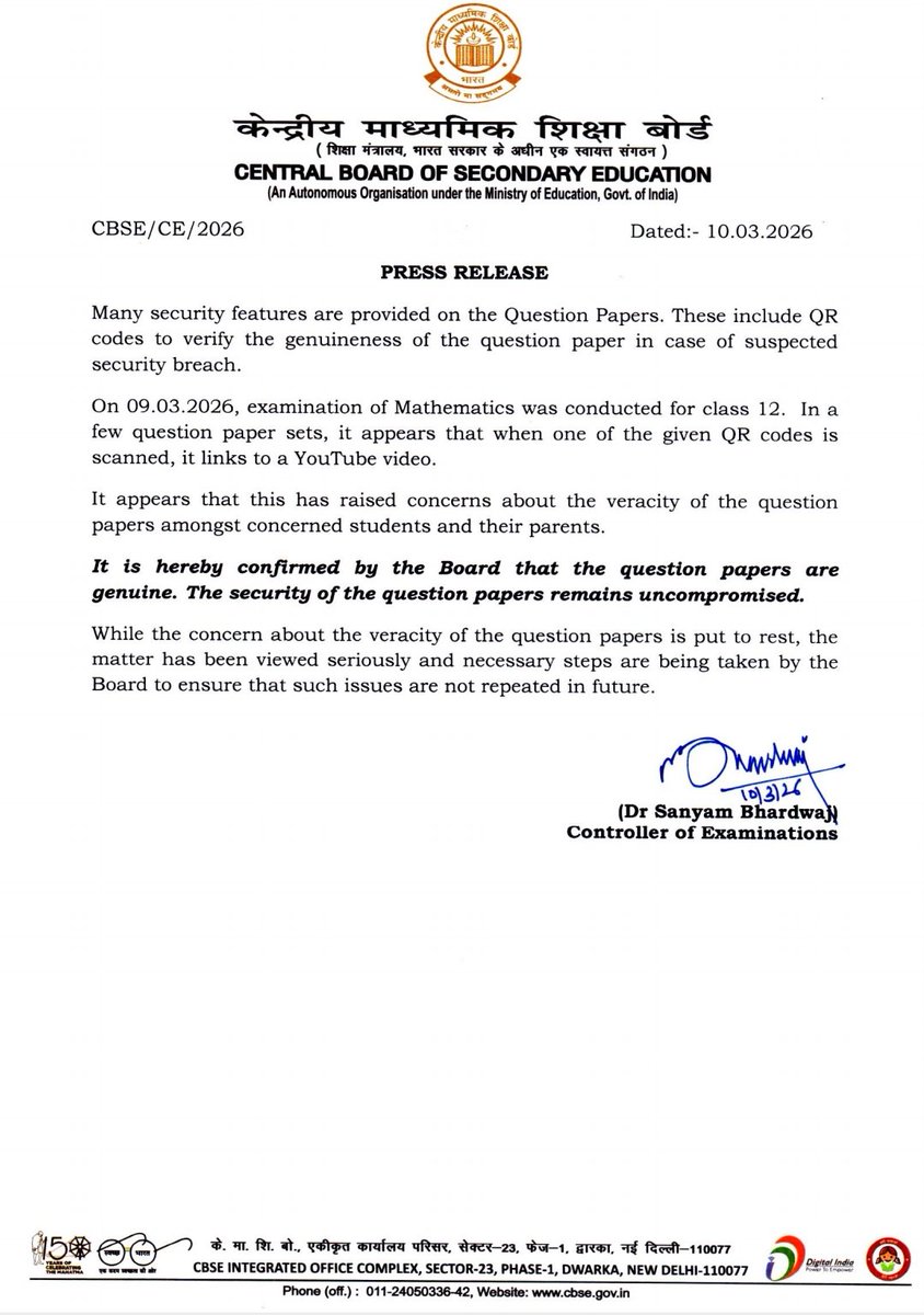 TheLifePinch's tweet photo. So here is a clarification from CBSE on QR scanner redirecting to youtube video.

Hope this end to all the rumours 🙏

#CBSE #Maths #Mathamatics #10th #paper https://t.co/ubQNi1pCxw