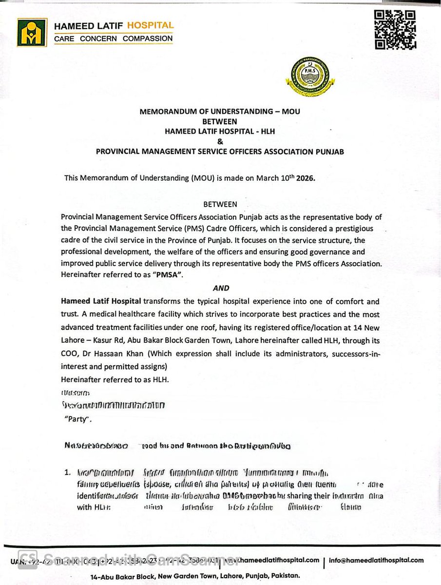 PMSPUNJAB's tweet photo. A Landmark  MoU.
——————————
The PMS Officers Association Punjab (PMSA) announces it with immense pleasure that it has signed a Memorandum of Understanding (MoU) with Hameed Latif Hospital to facilitate quality and discounted healthcare services for PMS Officers and their families across Punjab.
Under this collaboration, PMS Officers will be able to avail preferential and subsidized medical services at one of the leading healthcare institutions in the province. This initiative reflects PMSA’s continued commitment to the welfare, health, and well-being of its members.
PMSA also extends its sincere gratitude to the administration of Hameed Latif Hospital specially Mr Hassaan Khan, COO HL for their cooperation and support in making this initiative possible. We look forward to a long-term and mutually beneficial partnership dedicated to providing the best healthcare facilities to the PMS community and ensure best public service delivery.