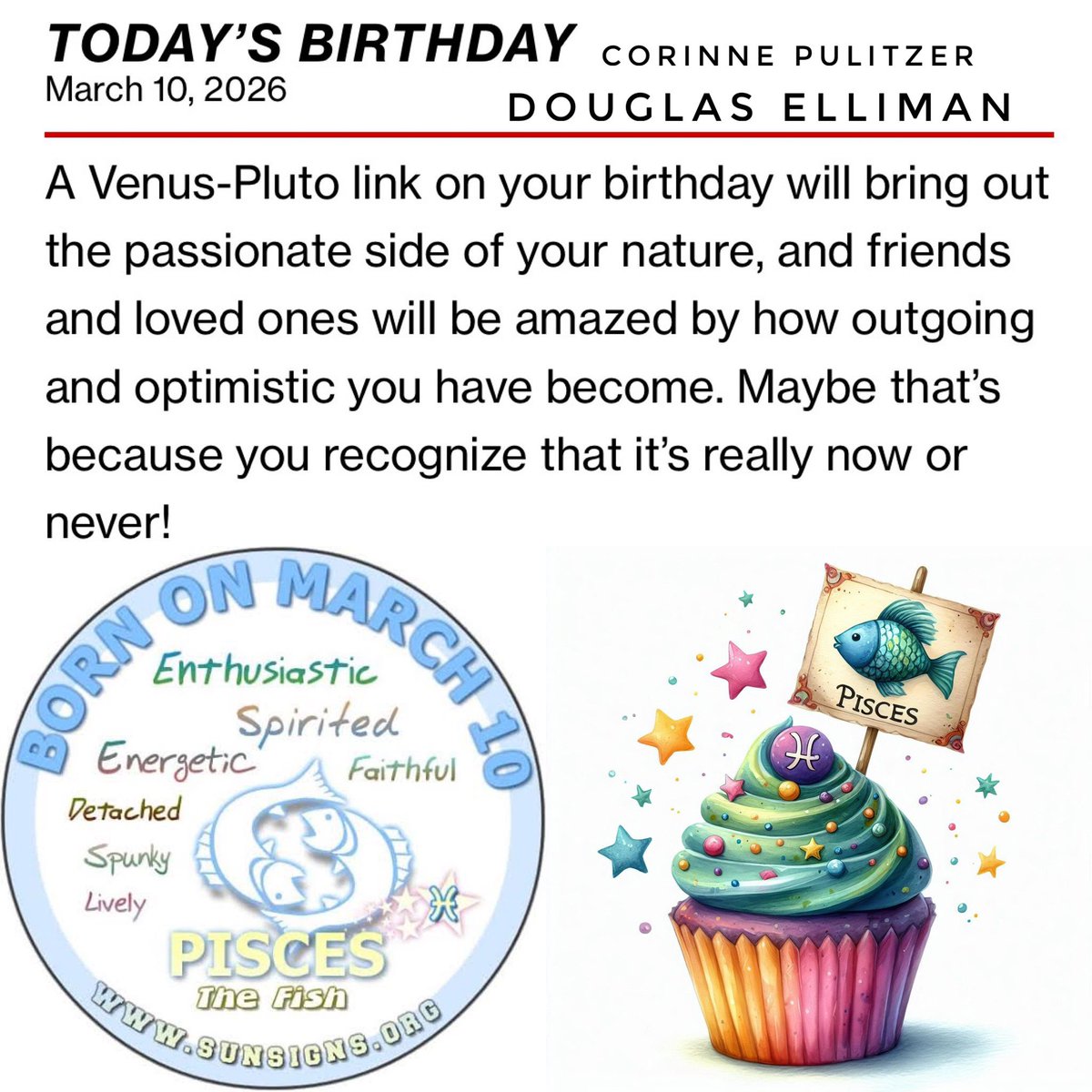 CorinnePulitzer's tweet image. For everyone celebrating a #Birthday today, #March10th
check out your Horoscope &amp;amp; enjoy your special day! #Pisces  ♓️🐟🐟🎉🎈🎂🎊🎁🥂🍾👏🏻👏🏻👏🏻👏🏻👏🏻#happybirthday #Horoscope #happybirthdaytoyou #HappyMonthOfMarch🥂🍾
@DouglasElliman