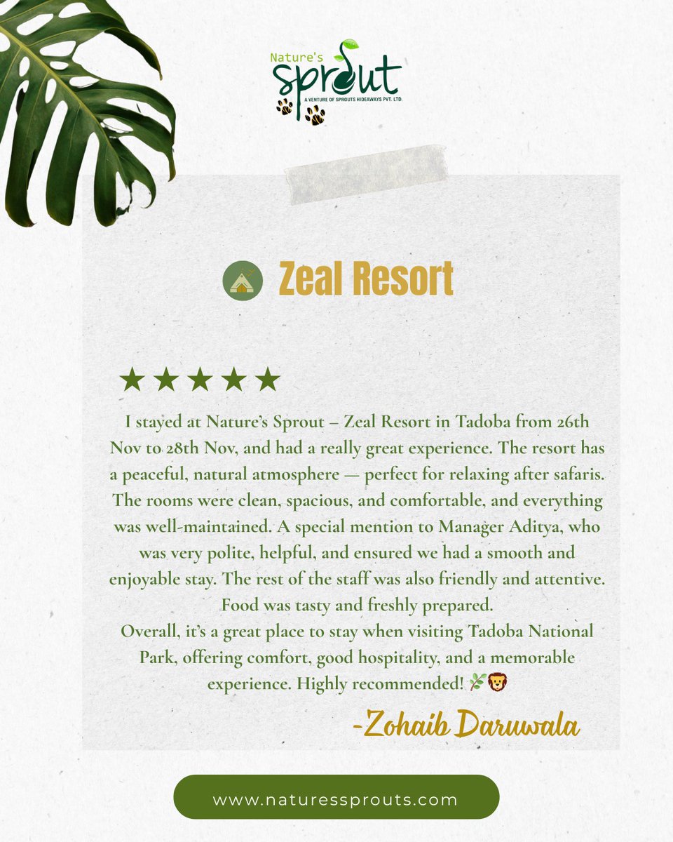 SproutNatures's tweet photo. Thank you Zohaib Daruwala for sharing your wonderful experience at Zeal Resort near Tadoba National Park. From peaceful surroundings to warm hospitality, we’re glad your jungle stay was memorable.

#GuestReview #TadobaSafari #ZealResort #JungleStay #WildlifeTravel #Tadoba https://t.co/uhV5PGk0co