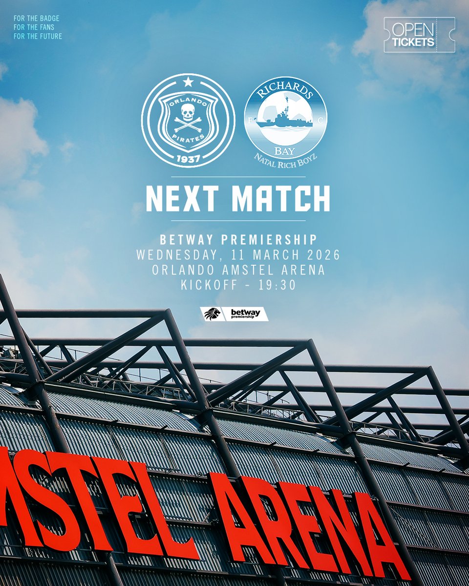 𝐍𝐄𝐗𝐓_𝐌𝐀𝐓𝐂𝐇

🆚 <a href="/RichardsBayFC_/">Richards Bay FC</a> 
🗓️ Wednesday,11 March 2026
🏟️ Orlando Amstel Arena
⏱️ 19:30
🎫 shorturl.at/P4aXt
📺 <a href="/SuperSportTV/">SuperSport 🏆</a> 

⚫⚪🔴⭐
#OrlandoPirates
#OnceAlways