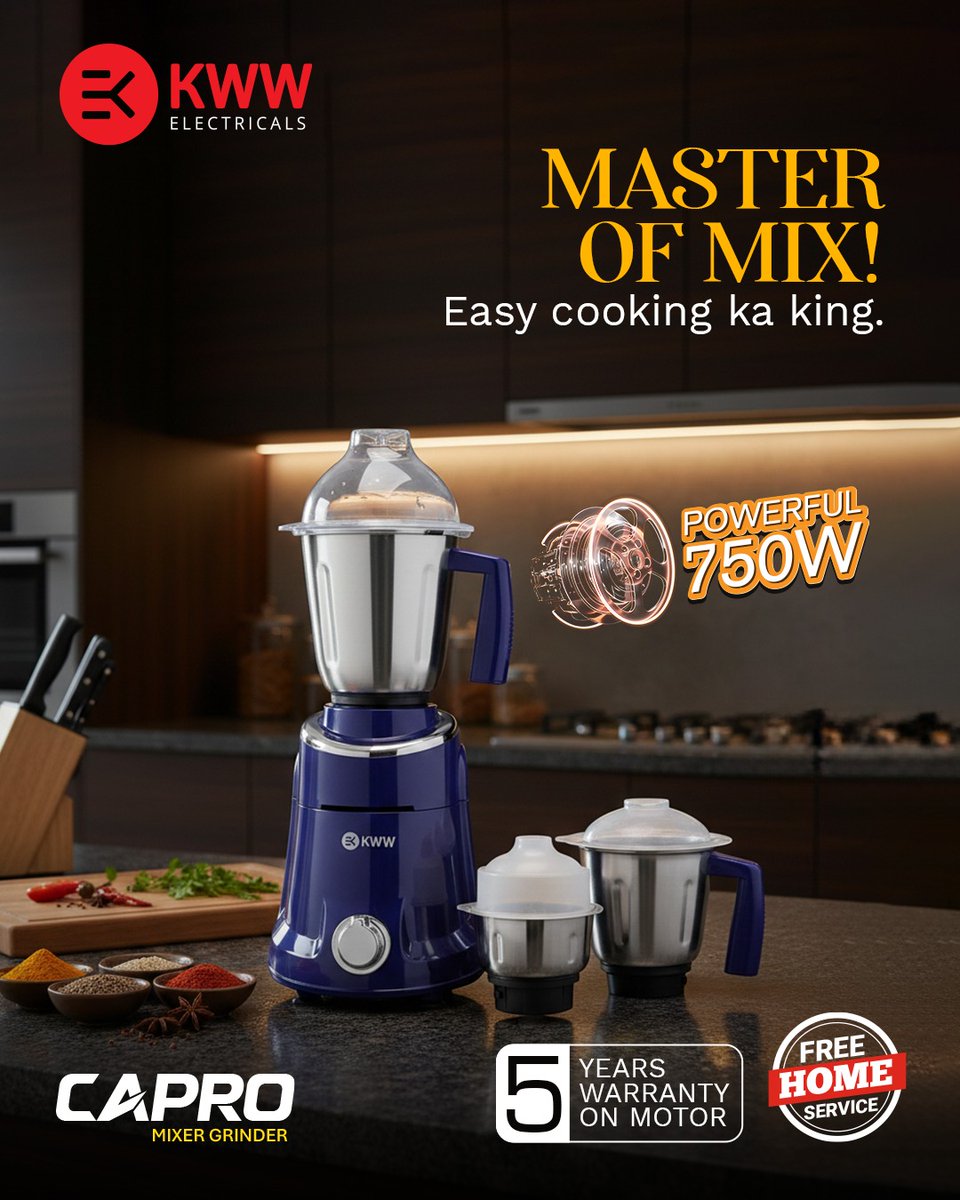 The KWW Capro Mixer Grinder is engineered with a robust motor that grinds faster, blends smoother, and delivers results that make every recipe shine.

#capro #mixergrinder #kitchenappliances #electricappliances #Ecofriendly #kwwelectricals #KWW kwwelectricals.com