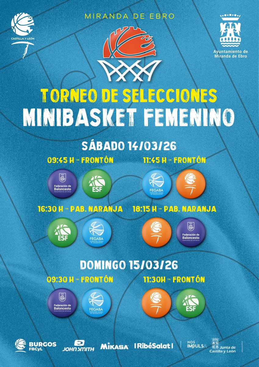 🏀 TORNEO DE SELECCIONES MINIBASKET – MIRANDA DE EBRO 2026

Este fin de semana Miranda de Ebro acoge un emocionante Torneo de Selecciones de Minibasket, con la participación de:

🔸 Castilla y León
🔸 Galicia
🔸 Asturias
🔸 Euskadi
📍 Miranda de Ebro
📅 14 y 15 de marzo de 2026