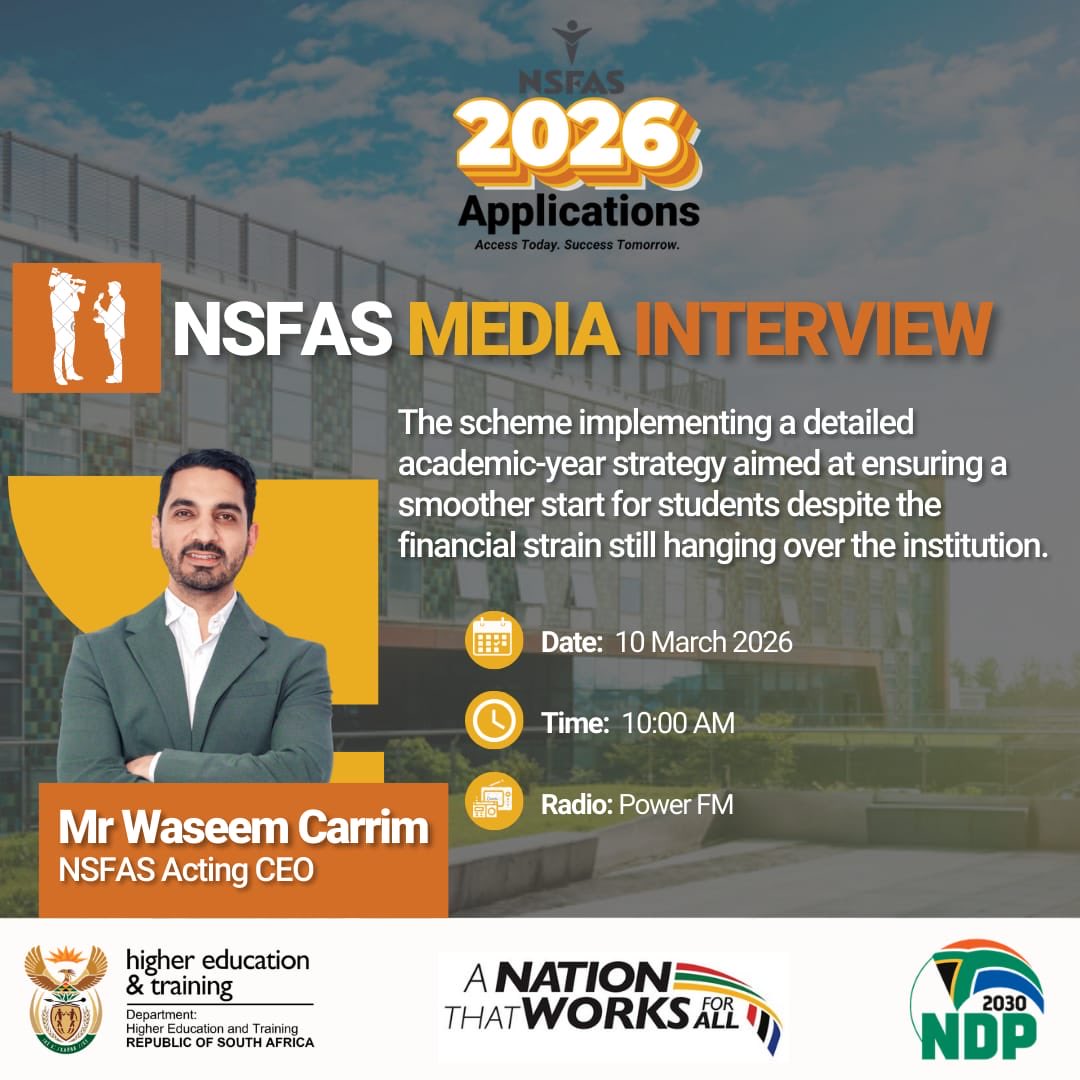 myNSFAS's tweet photo. ๐๏ธ NSFAS Media Interview
Catch Mr Waseem Carrim, NSFAS Acting CEO unpacking the academic-year strategy aimed at ensuring a smoother start for students.
๐
Date: 10 March 2026
โฐ Time: 10:00 AM
๐ป Radio station: Power FM
#AccessTodaySuccessTomorrow #StudentSuccess https://t.co/ybTlhrjjQF