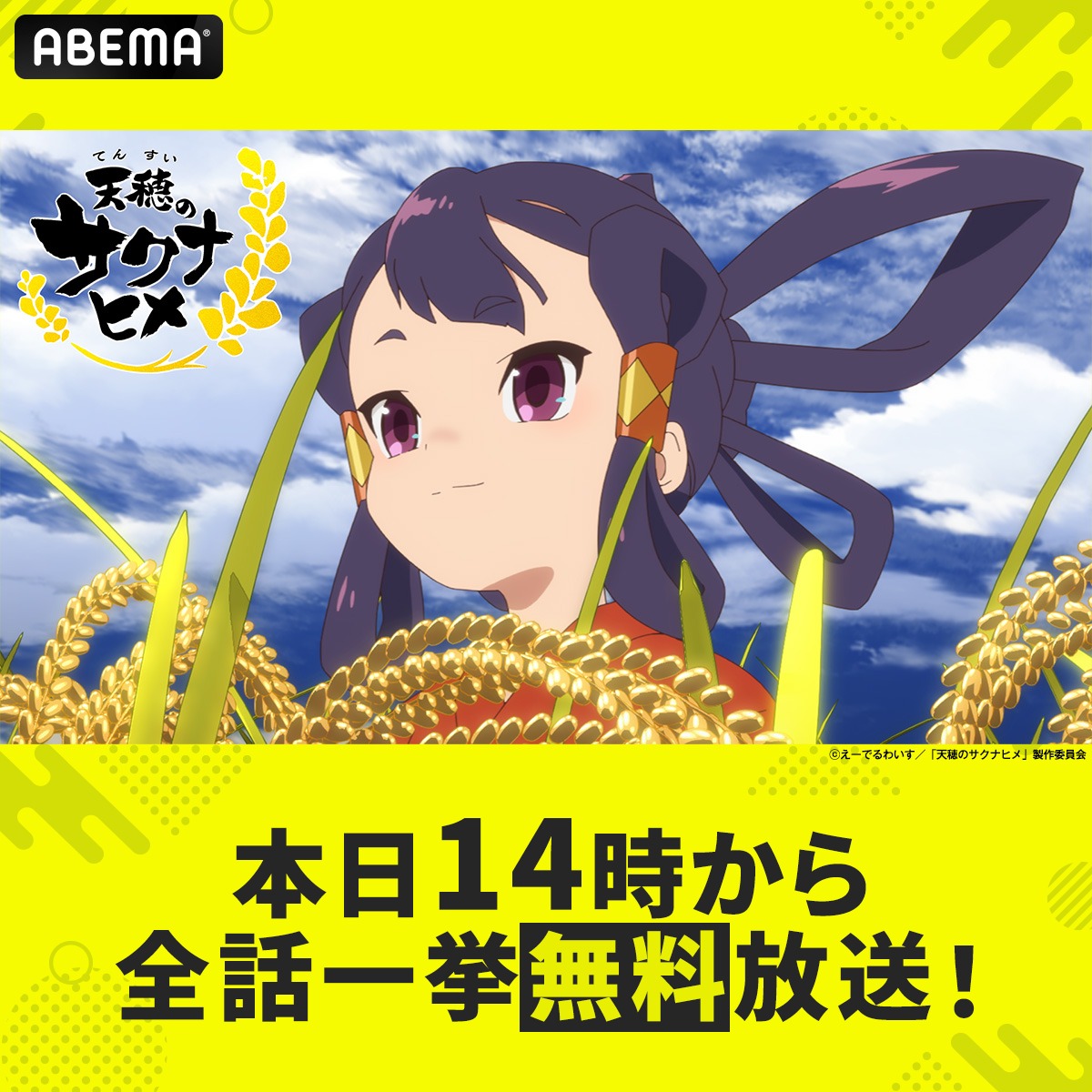 Anime_ABEMA's tweet photo. ❖◇◇❖
🌾『天穂のサクナヒメ』シリーズ🌾
本日ABEMA"初"全話一挙【無料】放送！
　　　　　　　　　　　　　　❖◆◆❖

このあと14時から🌾天穂のサクナヒメ
続いて20時30分から🌾ココロワ稲作日誌
を一挙でお届け📡
※どちらも放送後1週間無料で視聴可能！

ABEMAで一気見しよう👀

@sakuna_anime
