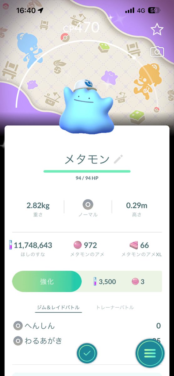 omochimaru88's tweet photo. やったー😂✨✨
野生から帽子のメタモン色違いが出てくれた！
背景もついてるし、嬉しいな😽 https://t.co/AbUIZG2XQd