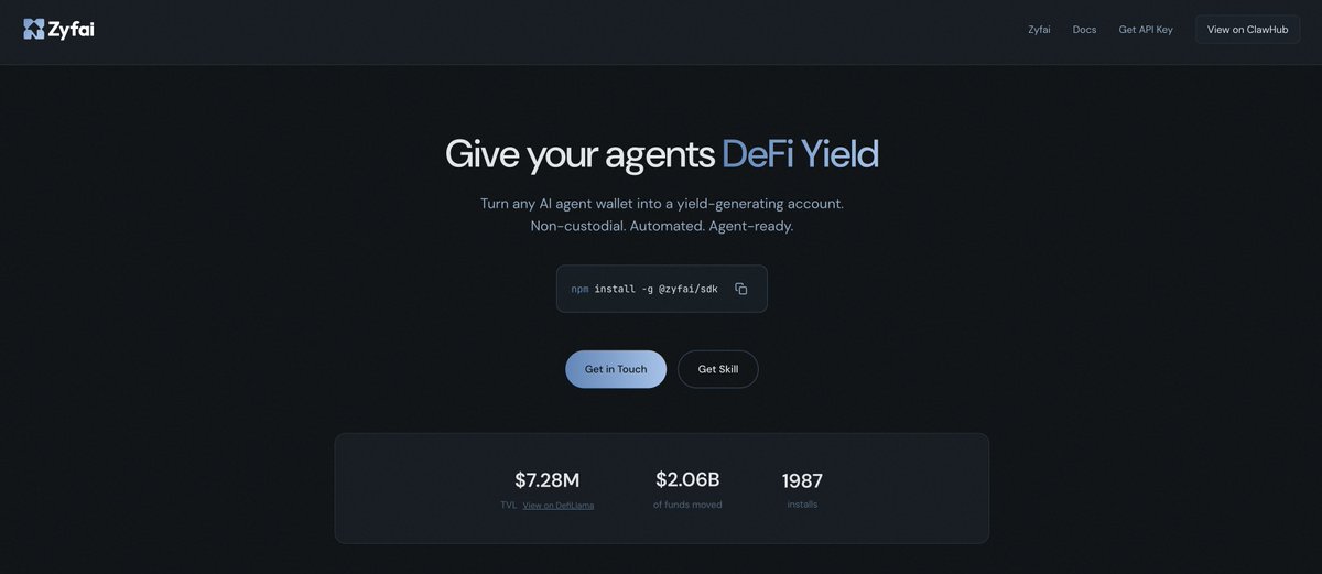 Give your agents DeFi Yield

Download the skill, give him a wallet, and your agent will start to earn yield.

Zyfai is the yield layer for the agentic economy.