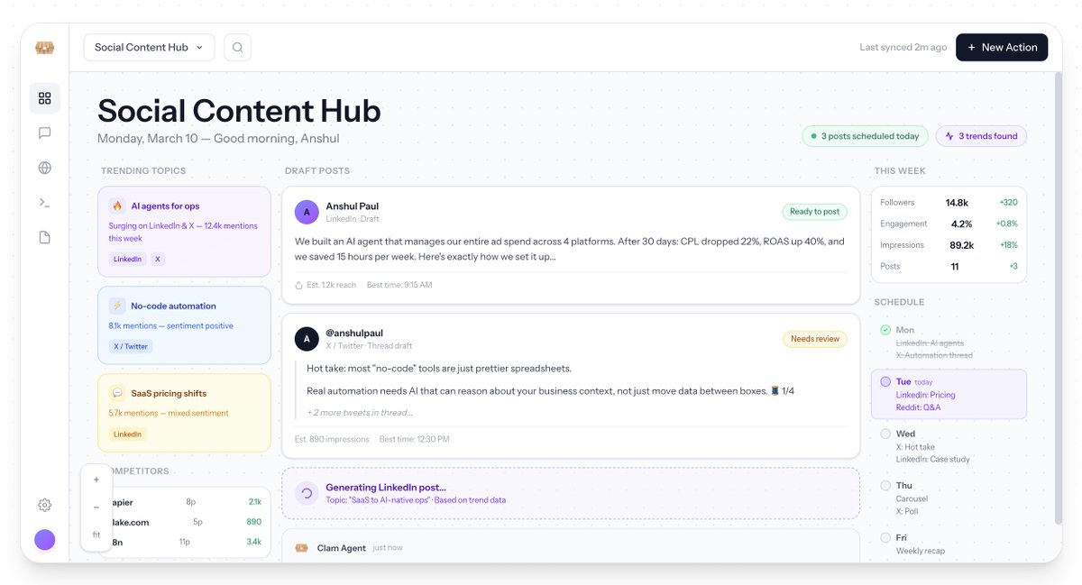 anshulpaul30's tweet photo. Just released major updates at @tryclamnow. Never been this excited before 
- OpenClaw as manager, not executor
- Dynamic UI based on what you want to see or what your bot wants you to see
- Self fixing automations, goodbye silent failures. 

We've found the biggest value add for OpenClaw is not having it do the automations itself, but managing programatic automations. Check us out!