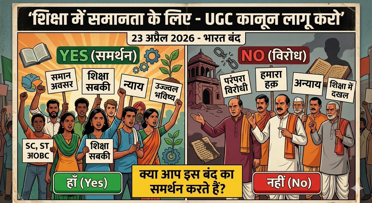 ✊ सामाजिक न्याय के लिए एकजुट हों
📢 OBC जाति जनगणना लागू करो
📢 मजबूत UGC इक्विटी रेगुलेशन लागू करो
📢 2011 पूर्व नियुक्त शिक्षकों को TET से मुक्त करो
आवाज उठाओ, हक की लड़ाई में साथ आओ।

23 एप्रिल 
#BharatBandh4UGCAct