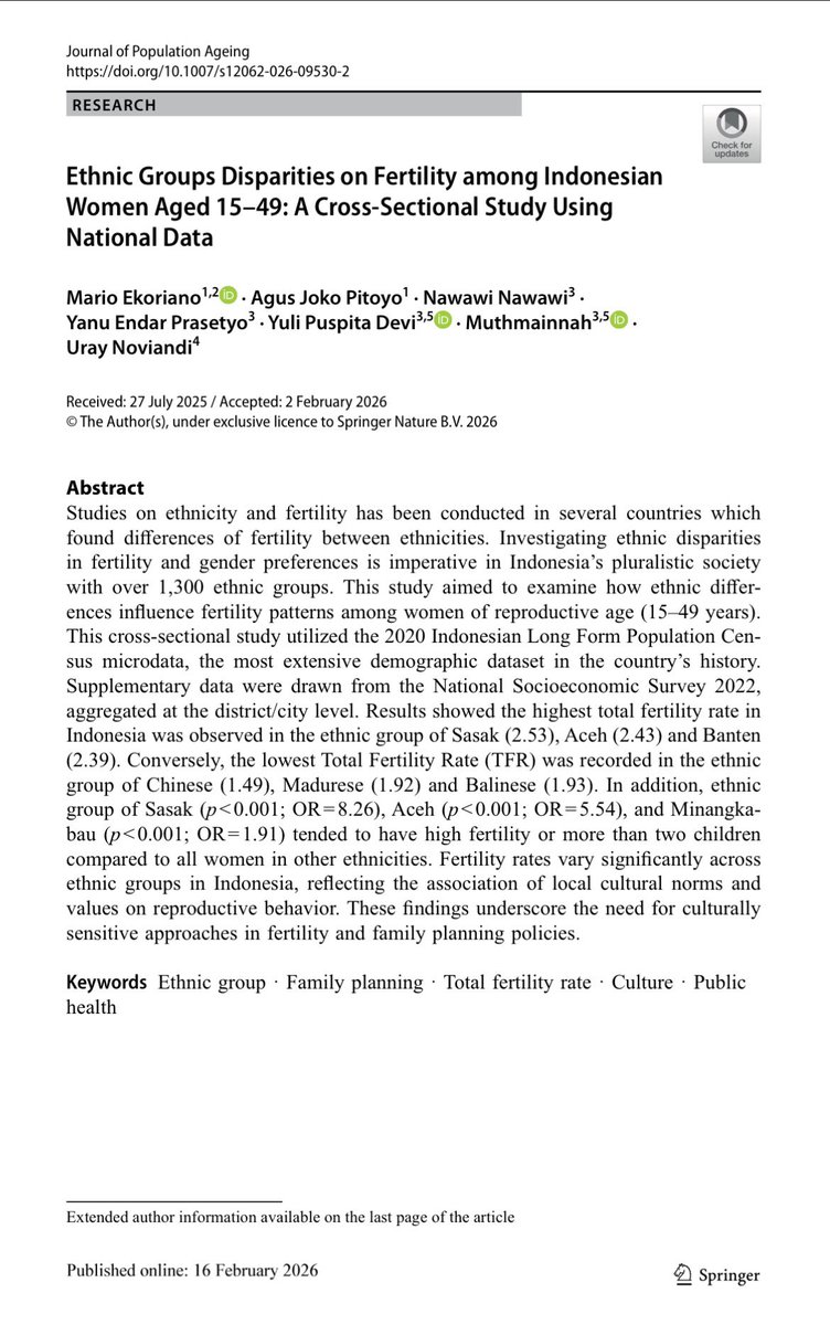 Does ethnicity shape fertility patterns in Indonesia?

Explore the full article here:
doi.org/10.1007/s12062…

#BRIN #Kependudukan #FertilityResearch #Ethnicity #FamilyPlanning