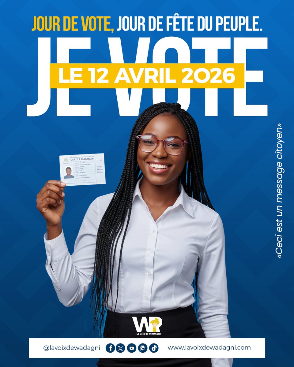 VoixDeWadagni's tweet photo. 📢 Le 12 avril 2026, ne sera pas simplement une élection pour choisir tel ou tel candidat. Il s'agit du jour de la fête du peuple. 

🕒 Dès aujourd'hui, au programme:
Découvrez chaque jour les visuels personnalisés des 77 communes, de l'appel au devoir civique des populations. https://t.co/Bu5o493Y7v