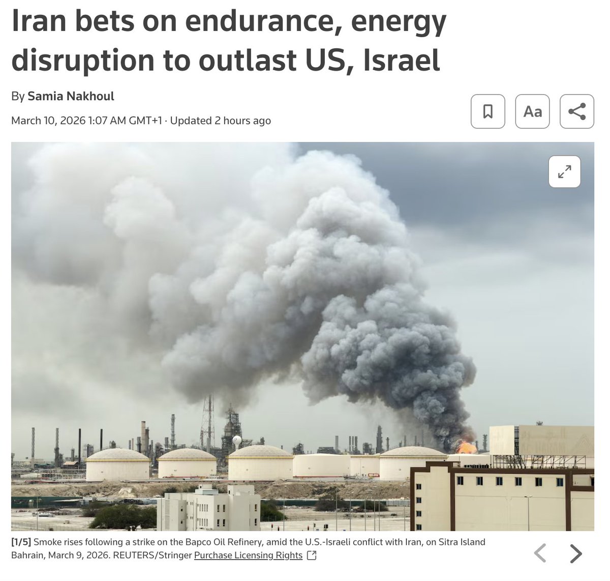 nexta_tv's tweet photo. Iran’s plan is to wear down the US and Israel in a war of attrition

According to Reuters, Tehran’s strategy is not to win through direct military superiority, but to apply pressure by striking energy infrastructure and key oil supply routes with drones and missiles.

The goal is to destabilize global markets and raise the economic cost of the conflict enough to force Washington to make concessions.

Sources told the agency that Iran may still retain more than half of its pre-war missile arsenal and could continue intensive strikes for several more weeks.