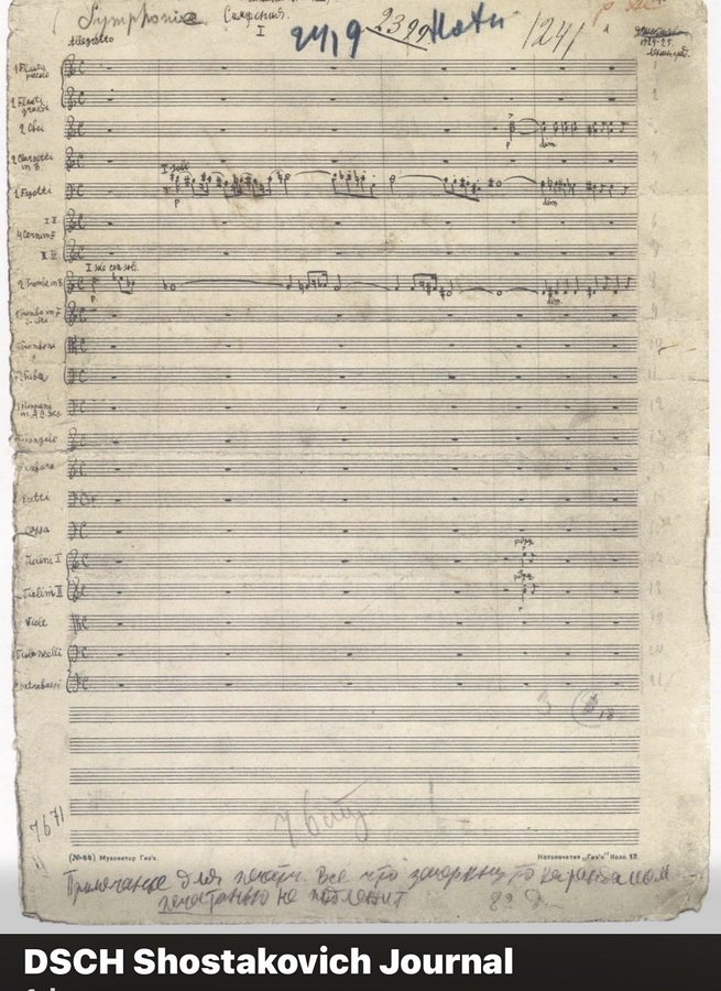 Partitura de la primera pàgina de la Simfonia núm. 1 de Xostakóvitx, acabada el 1925, cortesia de DSCH.
Gràcies a <a href="/playinglesshurt/">Janet Horvath</a>
