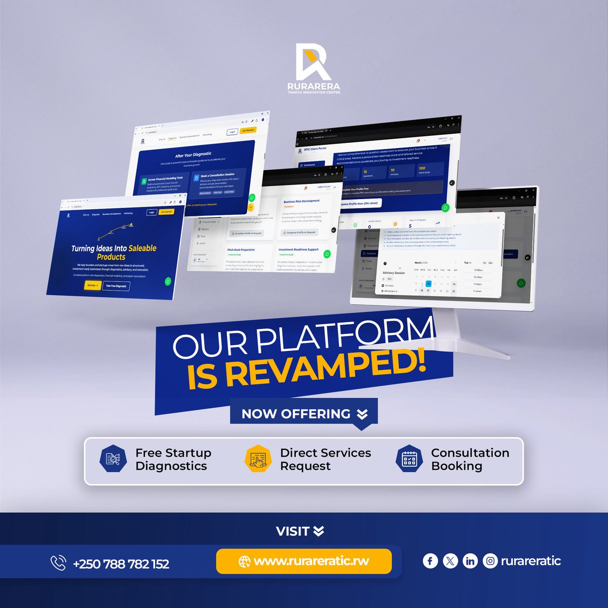 RurareraTIC's tweet photo. Our platform has been revamped to better support #entrepreneurs and growing businesses. 
With: 
1. Access Free Startup #Diagnostics
2. Submit Direct Service Requests
3. Book Consultation Sessions with ease

Everything you need to turn your #ideas into scalable businesses. https://t.co/0eK9bxsePf