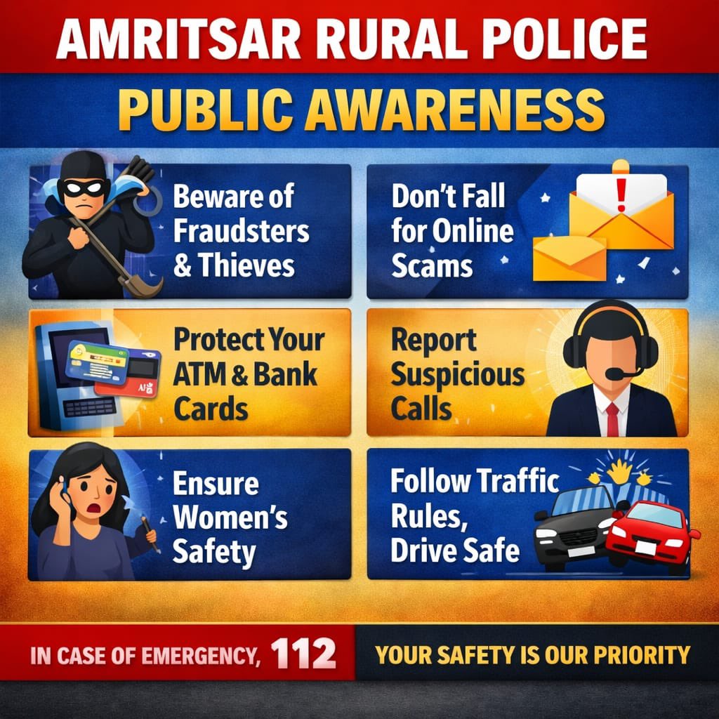 AmritsarRPolice's tweet image. An awareness initiative by Asr Rural Police to encourage citizens to stay alert and follow safety guidelines
Beware of online fraud, report suspicious calls, &amp;amp; always follow traffic rules
In emergency, dial 112 immediately
#AmritsarRuralPolice #PublicAwareness #StaySafe #Dial112