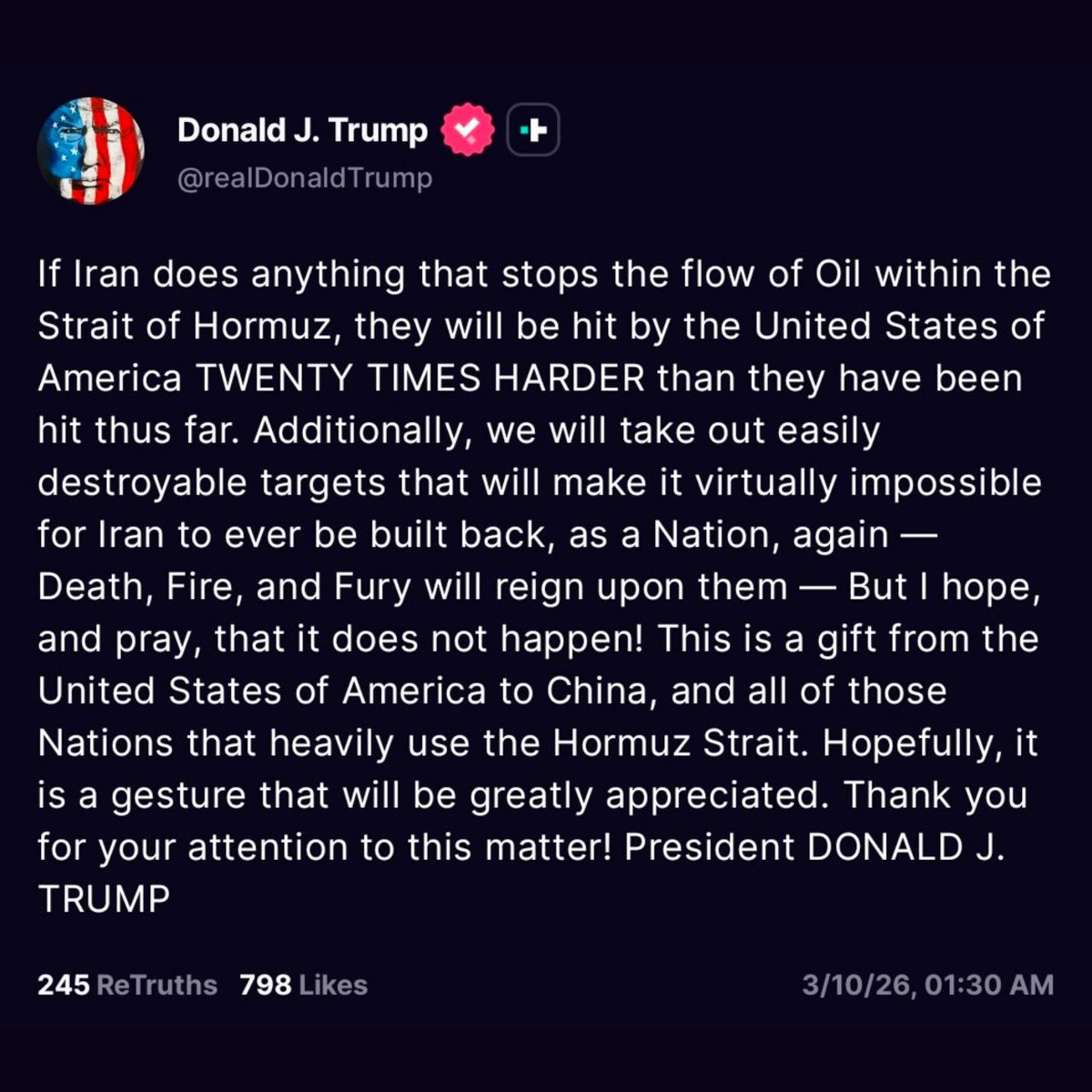 The genocidal monster is mad, but the Strait of Hormuz will remain closed. In case Trump attempts to carry out his threat of destroying the Iranian nation, all oil and gas assets belonging to US proxies across West Asia and the Caucasus will be permanently destroyed.
