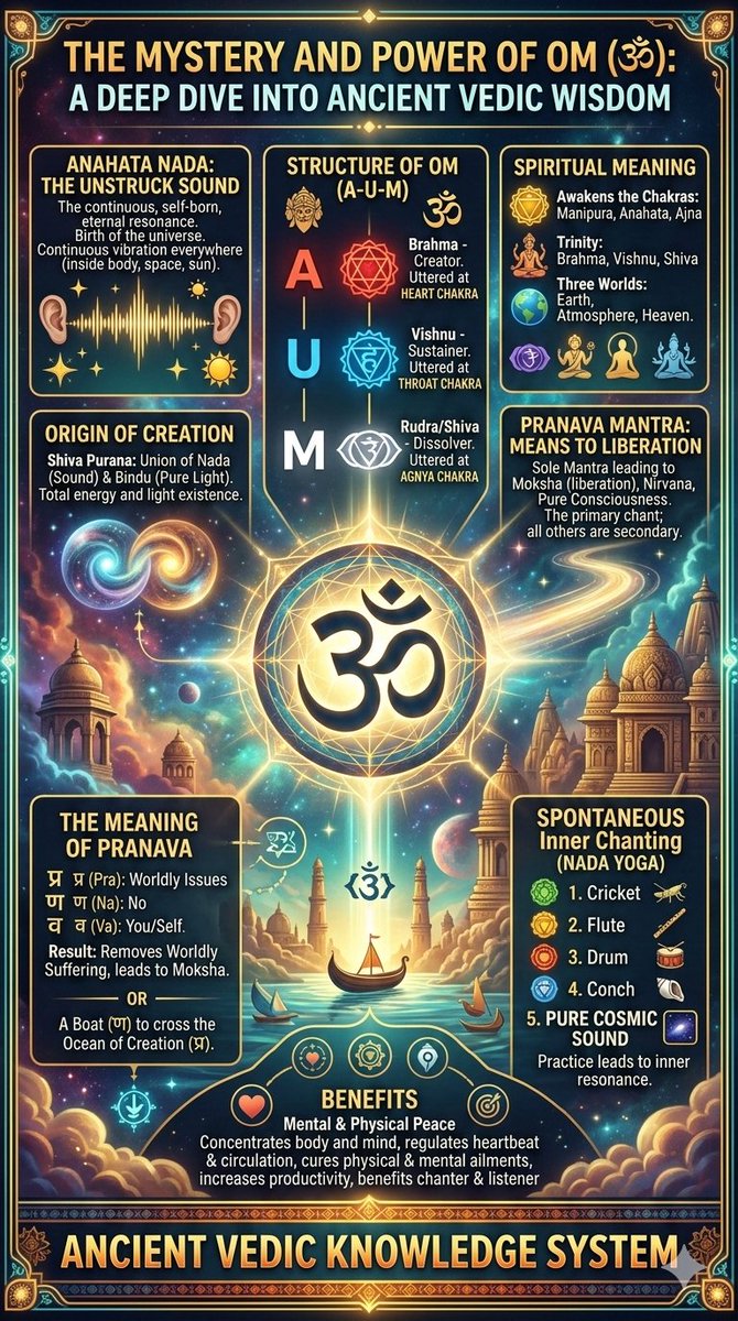 Have you ever wondered why every major culture has a "primordial sound"? In the Vedic tradition, it is Om (ॐ).
It’s not just a chant; it’s the Anahata Nada—the "unstruck sound" that existed before the Big Bang and continues to vibrate in every atom of our bodies today.

👇