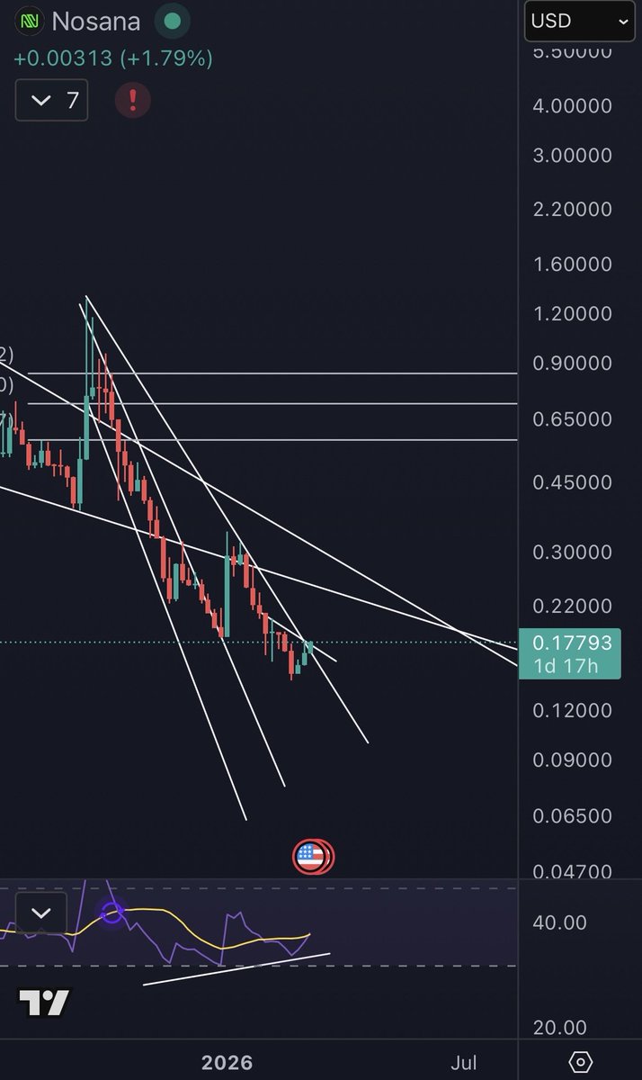 1Comer's tweet photo. Putting myself out there on this low cap. 

Nosana is one I’ve been following for a while, team seems good, AI narrative and me being a chart man (only thing that gives me signal in a market that can change like the wind) is looking good if we can breakout. Not sure if it’s just a decent bounce or the bottom and the start of a sustained move, but I’ve been buying here.

Divergences on the 1,2,3 and 5 day USD chart and weekly divergences on the NOS vs SOL chart. 

If we breakout, next area I’ll be watching is the 0.25 area, but as it a low cap this can move 100% in a day which is why I’m positioned early and know my risk.