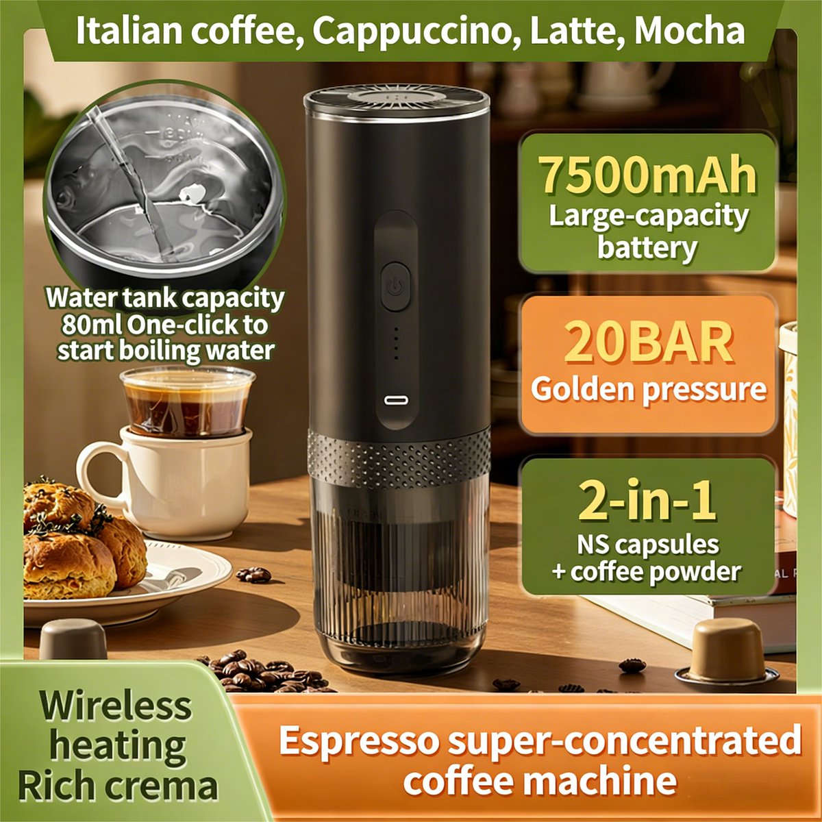 MINJIAN338's tweet image. ⚡ 7500mAh battery = 200+ cups wireless!  Our CM-2588 portable coffee maker: ✓ 15Bar rich crema ✓ Grounds OR pods ✓ Stainless steel tank ✓ 3hr fast charge  No outlet? No problem.   Taste freedom today. 🔋☕  #CoffeeLover #TravelEssentials #portablecoffee