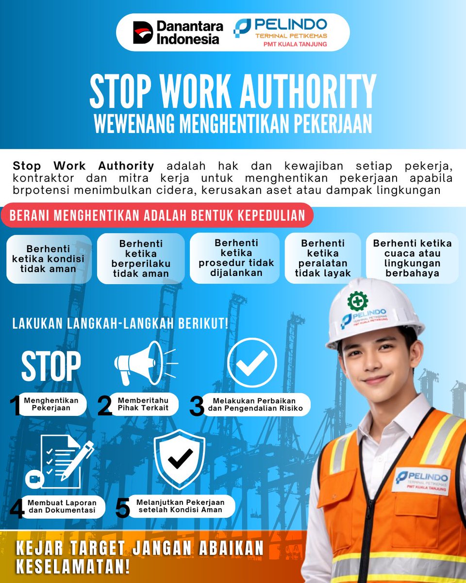 prima_multi's tweet photo. Melalui penerapan Stop Work Authority, setiap pekerja, kontraktor, dan mitra kerja memiliki hak sekaligus kewajiban untuk menghentikan pekerjaan apabila ditemukan kondisi tidak aman, perilaku berisiko, prosedur yang tidak dijalankan, peralatan tidak layak. https://t.co/Dynri6yno5