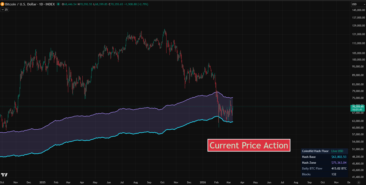 Coins_Kid's tweet photo. Historical #HashFloor data, this indicator is based on network data not the price action.

❔About the BTC Hash Floor❔

The CoinsKid BTC Hash Floor is a  Bitcoin-only macro indicator designed to map out a dynamic support zone  using live network-driven inputs rather than static horizontal levels.  Instead of trying to guess where long-term value may sit using price  action alone, the model builds a moving structural floor from Bitcoin’s  underlying network conditions and then plots that level directly on the  chart.

The main line on the chart is the Hash Base.  This is the smoothed core level of the model and is intended to  represent the deeper structural area where Bitcoin can begin moving back  toward long-term value. Above it sits the Hash Zone, which is plotted higher to create a wider band rather than relying on one exact price.

When Bitcoin is trading well above the Hash Zone, price  is extended far away from this structural base. When price starts moving  back into the zone, it can signal that the market is returning toward  an area that may matter more for longer-term positioning.

The BTC Hash Floor is best used as a macro support and cycle context tool.  It can help identify when Bitcoin is stretched far above its structural  base, when price is revisiting deeper long-term value territory, and  when broader support conditions may be starting to strengthen.

STACK SATS #bitcoin