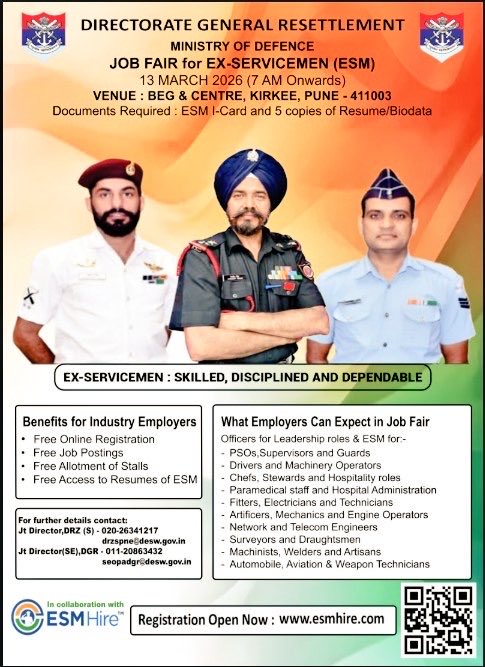 PRODefPune's tweet image. Directorate General Resettlement #DGR #JobFair to provide second career options for ESM is being organised on 13 Mar 26 at BEG &amp;amp; Centre, Kirkee #Pune.

@SpokespersonMoD
@adgpi
@IAF_MCC
@indiannavy
@IaSouthern
@IafSac 
@CIIEvents 
@PIBPUNE
@airnewsalerts