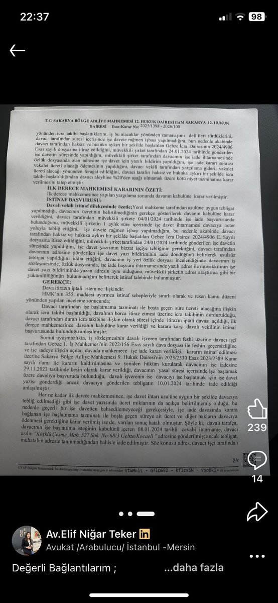 AvTarikCilekci's tweet photo. -işe iade davasının  kazanılması
- işçiye işe davet ihtarı gönderilmesi
-adreste  “tanınmaması”nedeniyle tebligat iadesi. 
-İşçi tarafından işe iadenin mali sonuçları yönünden icra takibi başlatılması
-İşverenin itirazı ve itirazın iptali davası açılması
 
Sonuç: davanın reddi
⏬ https://t.co/bfqoYIf6C0