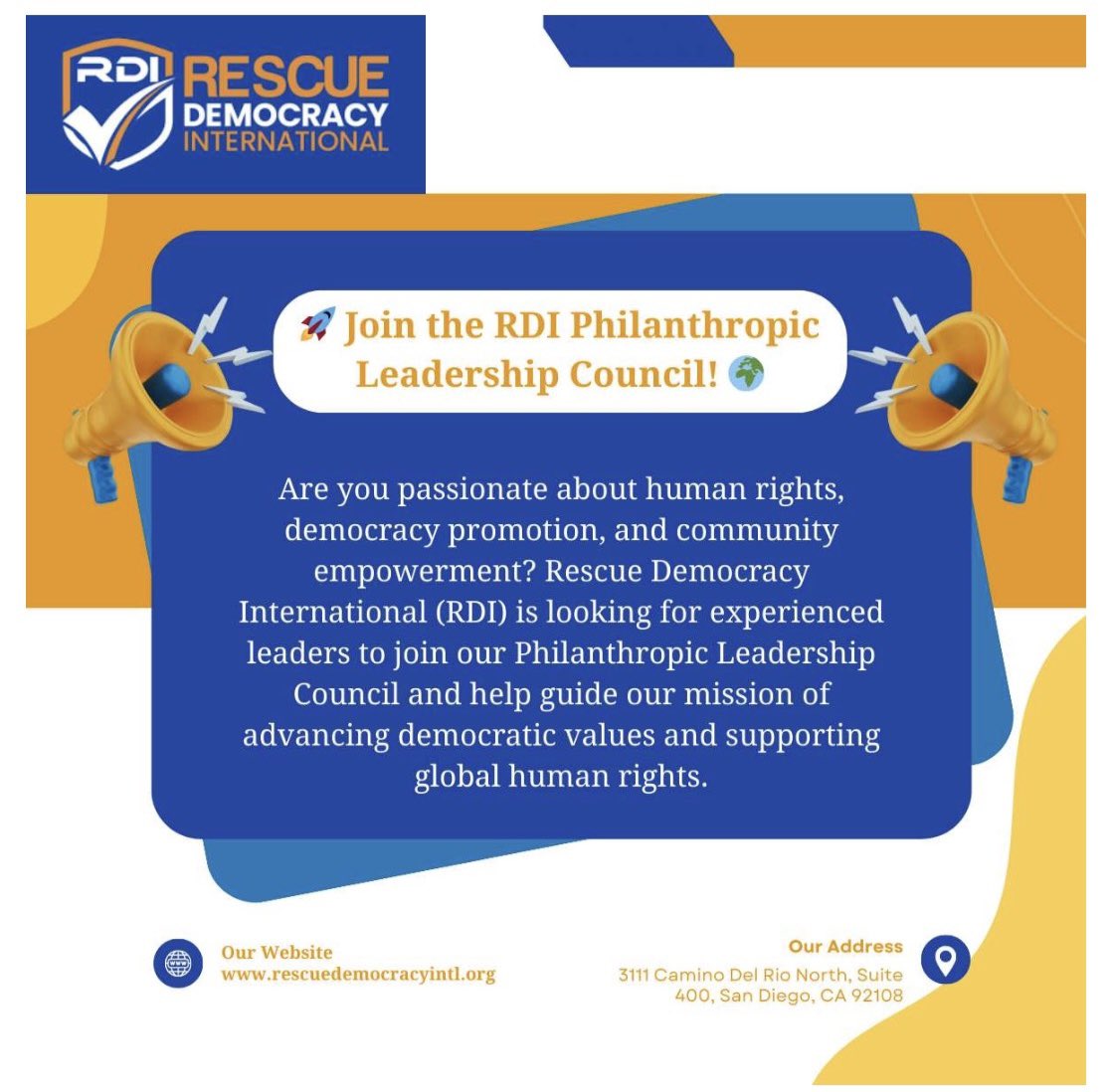 JustinMudek5's tweet photo. Rescue Democracy International (RDI) is looking for experienced leaders to join our Philanthropic Leadership Council (PLC) & help guide our mission of advancing democratic values & supporting human rights.
🔗 More about PLC & Apply Here
https://t.co/oMFWEkagr9 
@democracynow @CGDev @UNDP @SDGaction @g20org @realDonaldTrump @elonmusk