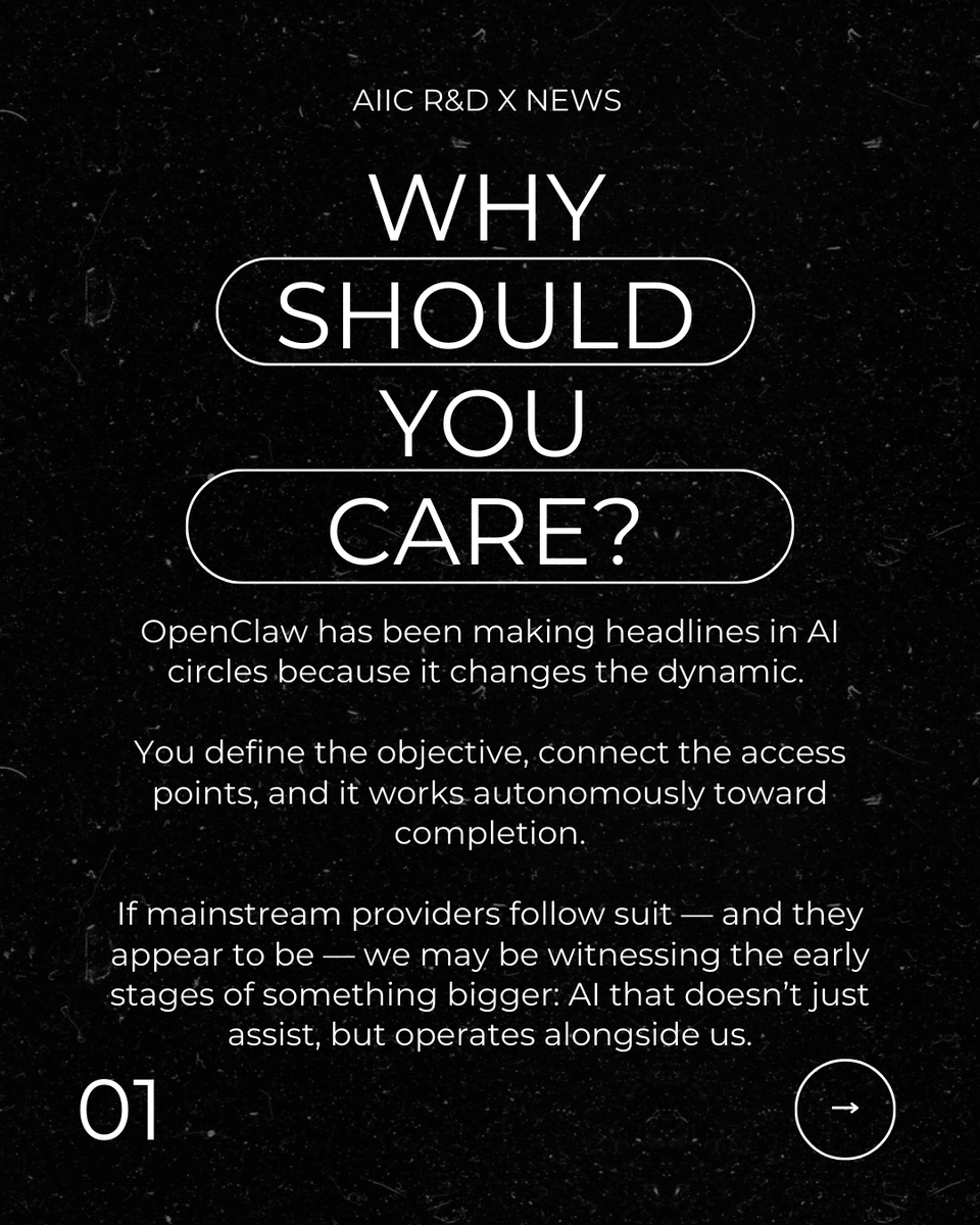 theaiic's tweet photo. OpenClaw doesn’t just answer.
It acts.

Set the goal.
Plug in the access.
Let it work.

If AI copilots are arriving, what does that mean for property professionals?

We explore where the advantage moves 👇
https://t.co/eLcQJOa4Cg 

#AI #PropTech #Inventories https://t.co/qpfJj2dYC9