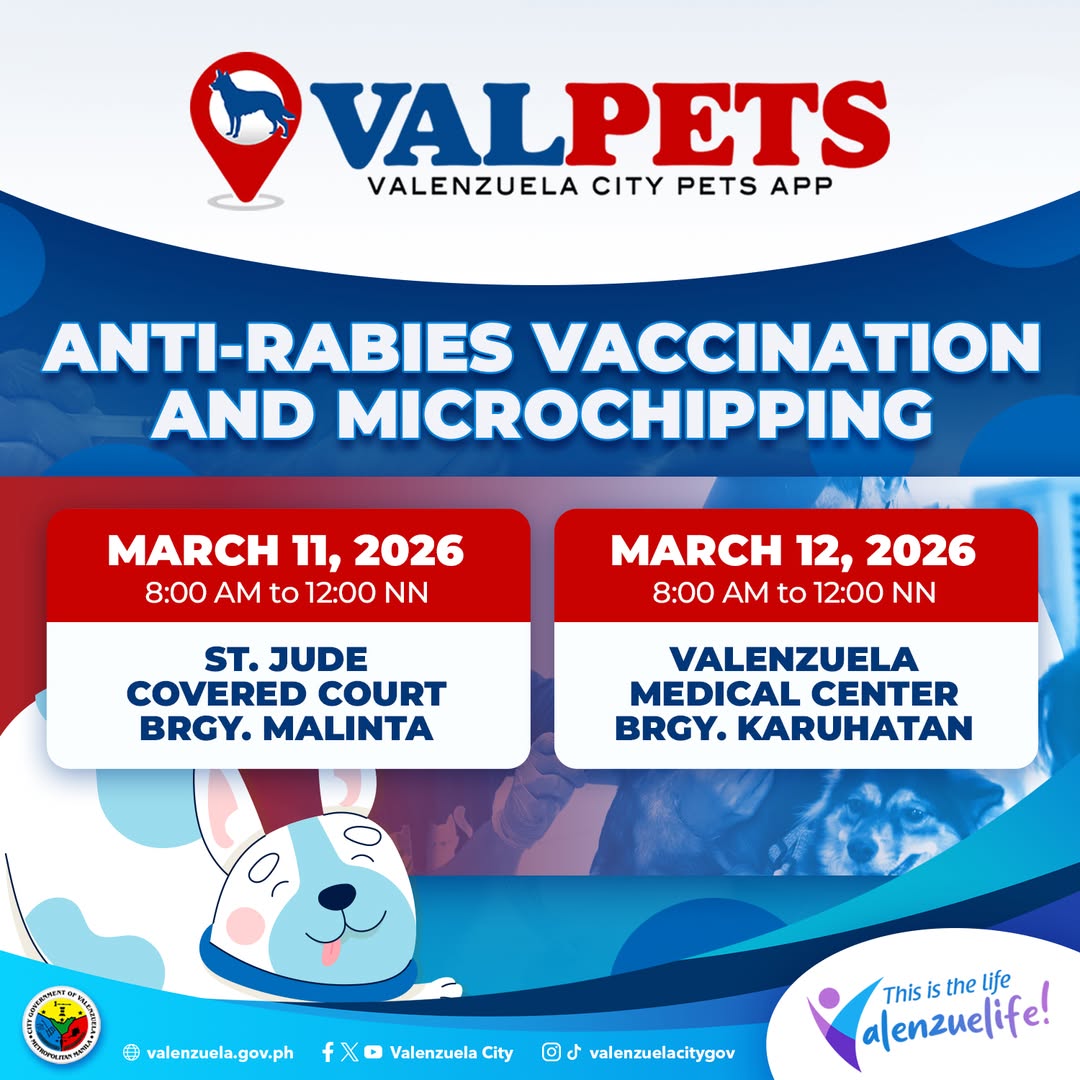 valenzuelacity's tweet photo. Be a responsible paw-rent! 🐶🐱

Makiisa sa #ValPets LIBRENG Anti-Rabies Vaccination at Microchipping na gaganapin sa mga sumusunod na lugar.

Huwag palampasin ang pagkakataong ito at panatilihing ligtas ang inyong mga alaga, pamilya, at komunidad. 💙 https://t.co/TArSC4vuJ3