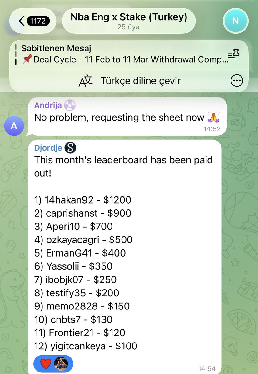 Stake Wager Etkinliği tamamlandı ve ödüller hesaplara gönderildi ✅

Leaderboard’da dereceye giren herkes kazancını aldı.  
Kazananları tebrik ederim, isteyen ödülünü direkt çekebilir 💰

🎁 Bu gönderiye RT + Fav + Yorum bırakan 1 kişiye  
99$ değerindeki EngProps hediye!

Wager