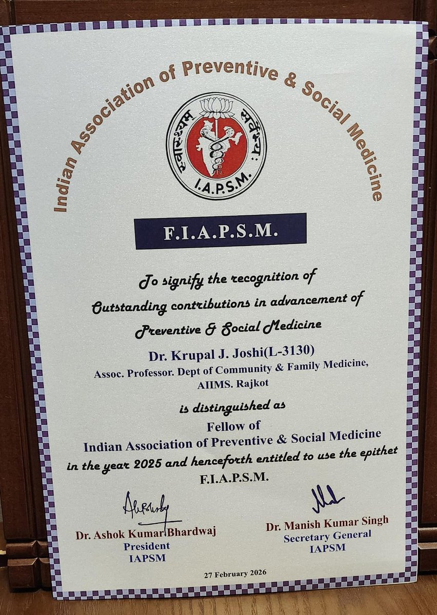 Honoured to be conferred the Fellowship of the Indian Association of Preventive and Social Medicine (FIAPSM). Proud to be among the youngest recipients of this prestigious recognition.
One more milestone added to the journey – FIAPSM.
<a href="/aiimsrajkot/">@AIIMSrajkot</a> <a href="/JPNadda/">Jagat Prakash Nadda</a> <a href="/MoHFW_INDIA/">Ministry of Health</a>