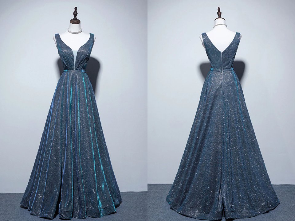 A Line V Neck Blue Long Prom Dress, Blue Formal Dresses