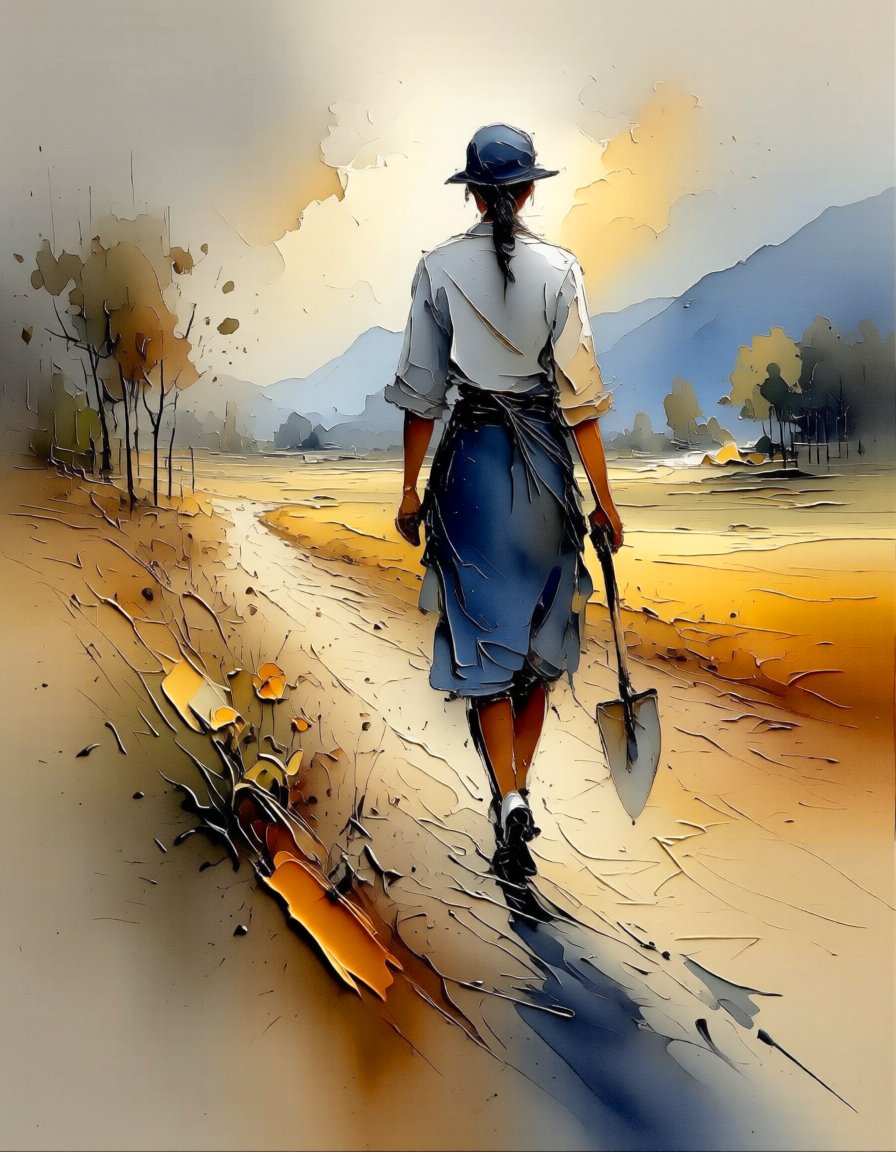 andy_corah's tweet image. She doesn't walk toward the horizon—she walks toward the work, shovel in hand, back straight. 🌾 #HardWork