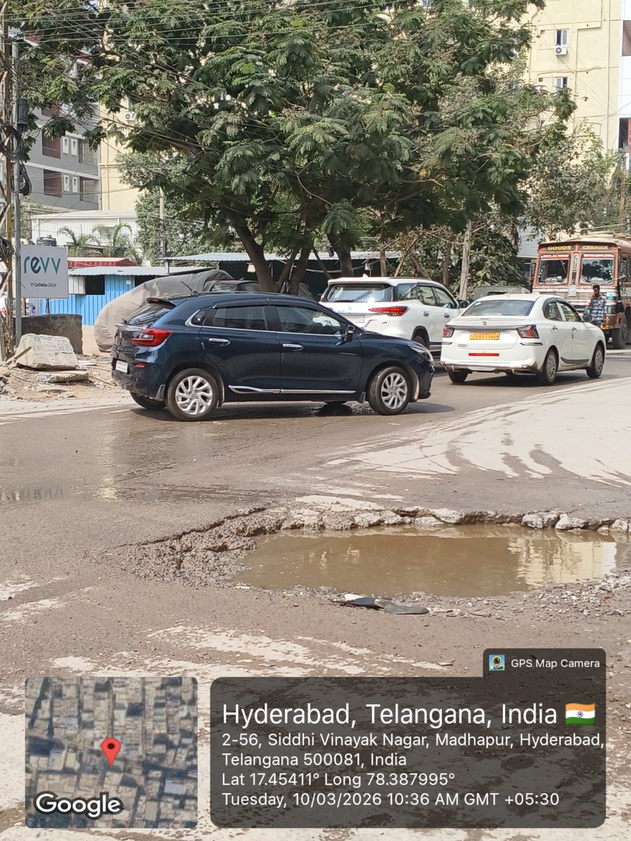 NapQueenMee's tweet photo. 🚧 Severe Road Damage &amp; Pothole Issue in Madhapur – Immediate Attention Required

Dear @GHMCOnline @MC_Cyberabad @CMC_Offcl

A large pothole filled with water is causing inconvenience and posing a serious risk to commuters at 2-56, Siddhi Vinayak Nagar, Madhapur, Hyderabad. https://t.co/o2VrTU0atI