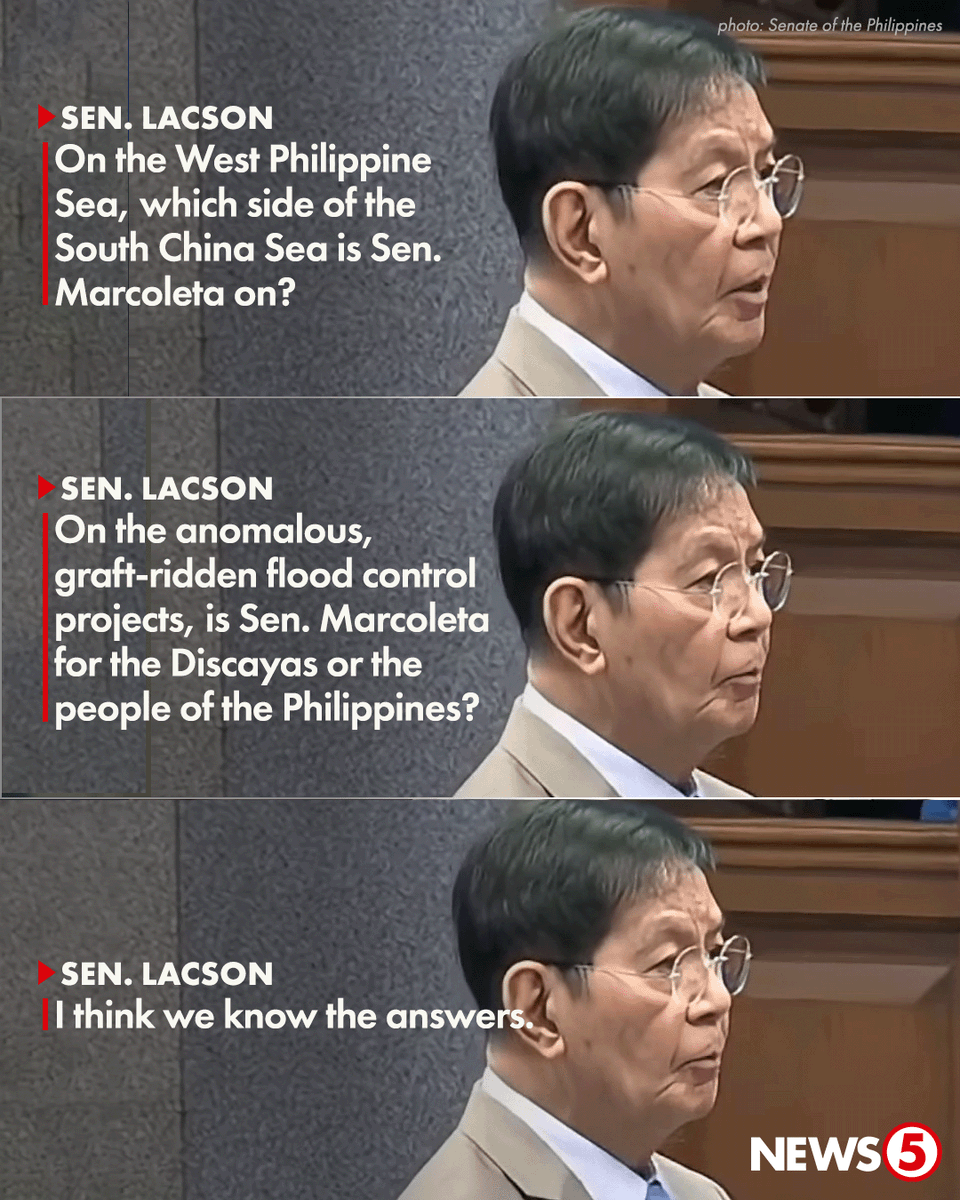 News5PH's tweet photo. PANININDIGAN NI MARCOLETA, KINUWESTIYON NI LACSON

Tinanong ni Senate President Pro Tempore Ping Lacson ang posisyon ni Sen. Rodante Marcoleta sa isyu ng West Philippine Sea at flood control anomalies.

Bahagi ito ng privilege speech ni Lacson bilang sagot sa mga batikos ni Marcoleta sa Senate Blue Ribbon Committee.