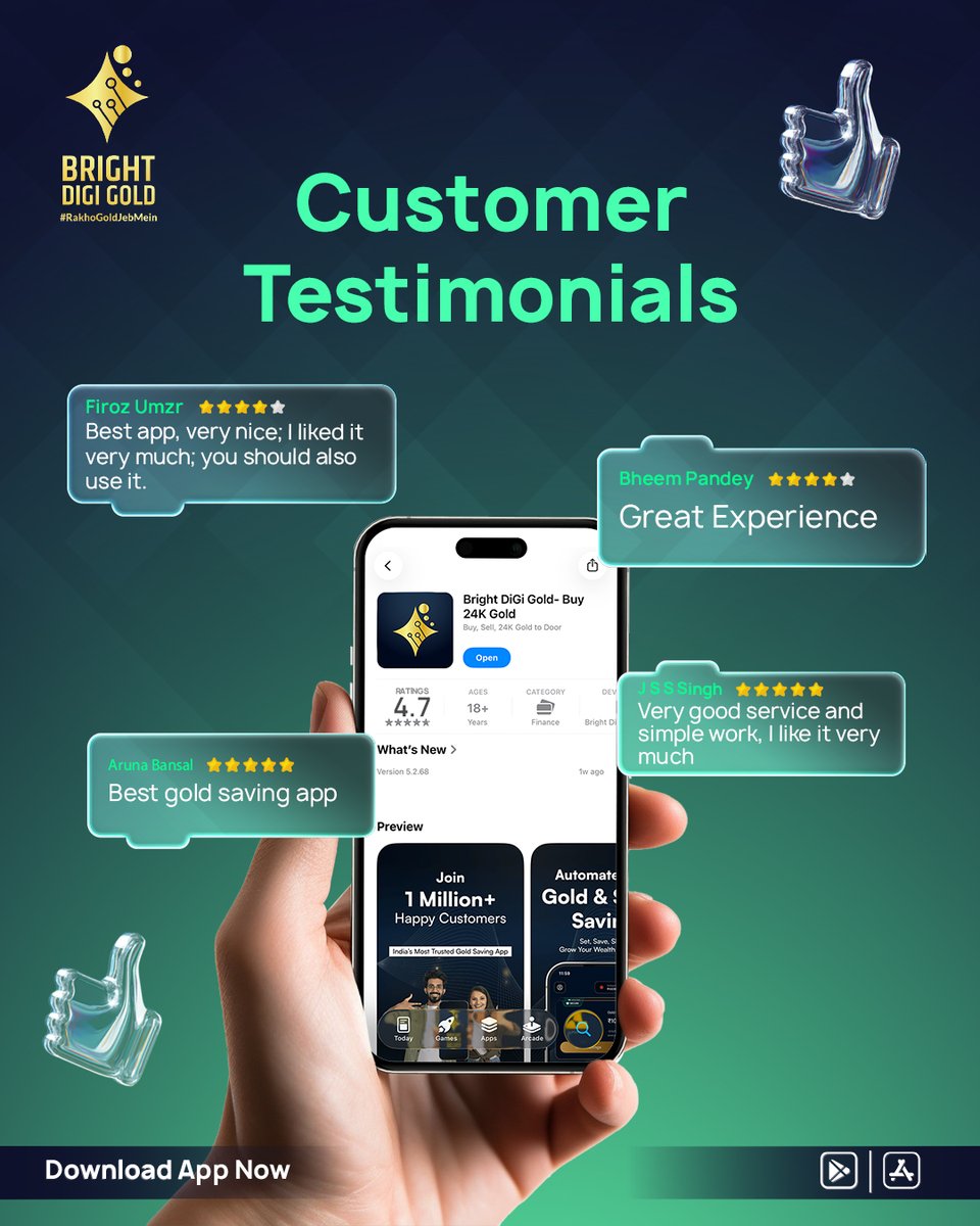 BrightDiGiGold's tweet photo. Real users. Real trust. ⭐
Thousands of customers are choosing Bright Digi Gold for safe and simple digital gold savings. Start investing in 24K digital gold anytime, anywhere and grow your wealth with India’s trusted gold saving app.

📱 Download now and begin your gold investment journey today.

#DigitalGold #GoldSavings #InvestInGold #BrightDigiGold #GoldInvestment #24KGold #SafeInvestment #SaveInGold #GoldApp #WealthBuilding