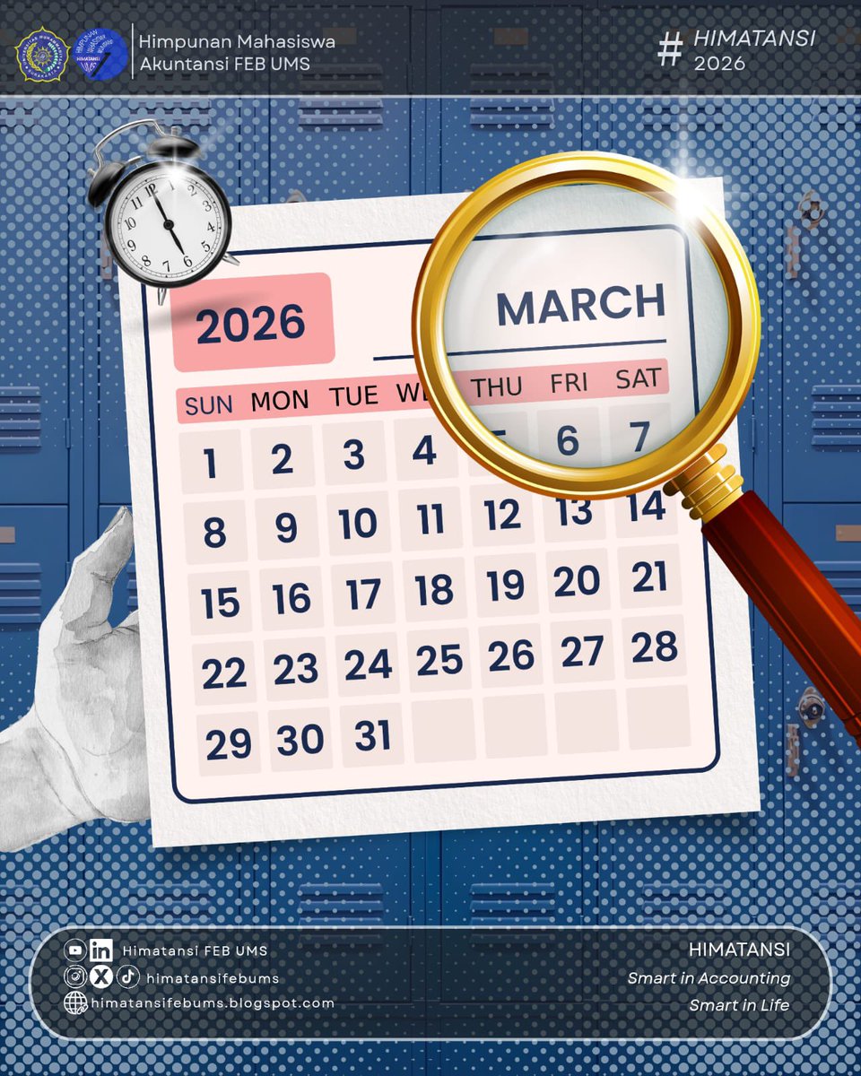himatansiFEBUMS's tweet image. [𝗞𝗔𝗟𝗘𝗡𝗗𝗘𝗥 𝗛𝗜𝗠𝗔𝗧𝗔𝗡𝗦𝗜 𝗙𝗘𝗕 𝗨𝗠𝗦 𝗠𝗔𝗥𝗘𝗧]

Halo kawan, HIMATANSI FEB UMS!

5-11 Rapat Kerja

#HIMATANSI2026
#SmartInAccounting
#SmartInLife
#Kalender