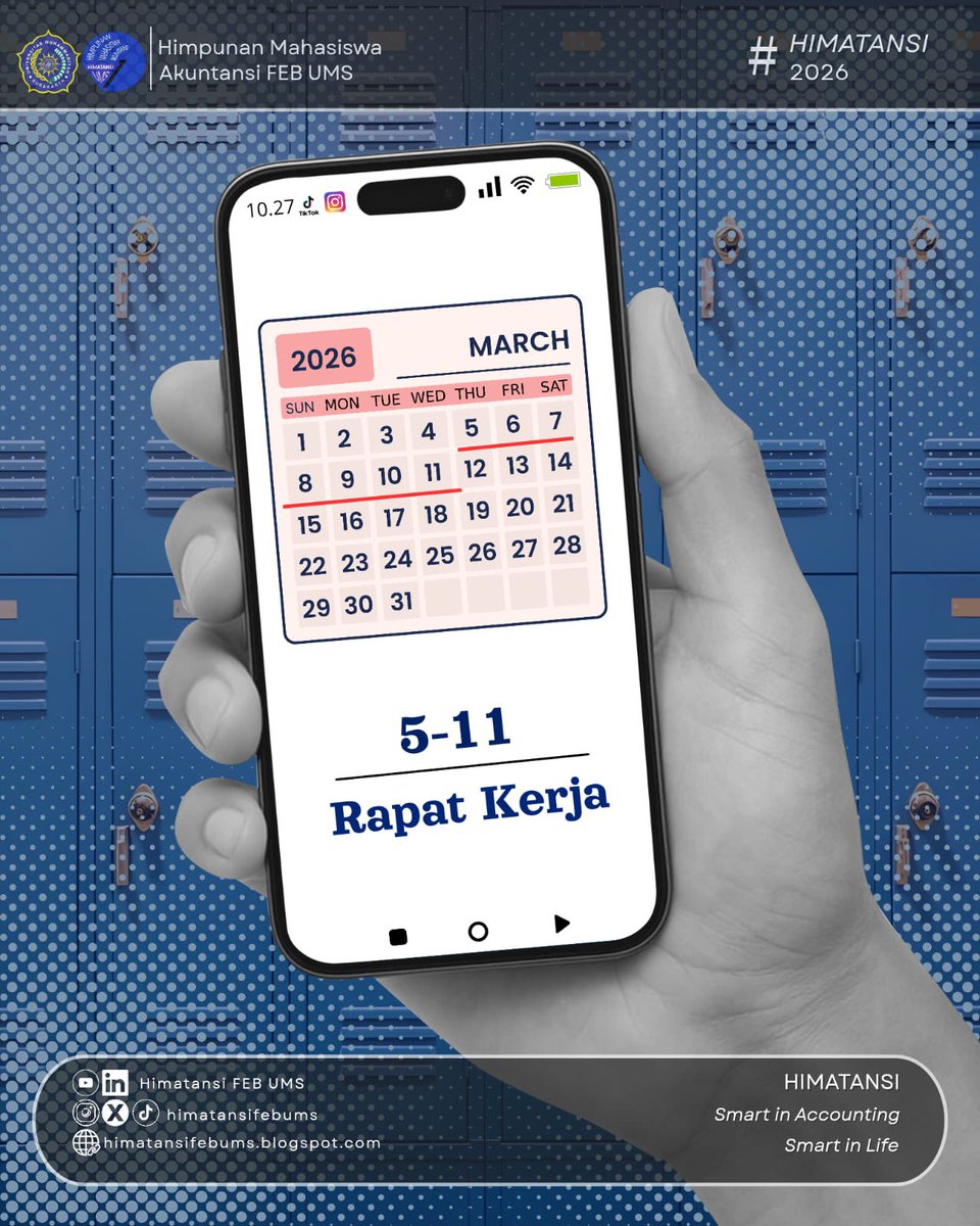 himatansiFEBUMS's tweet image. [𝗞𝗔𝗟𝗘𝗡𝗗𝗘𝗥 𝗛𝗜𝗠𝗔𝗧𝗔𝗡𝗦𝗜 𝗙𝗘𝗕 𝗨𝗠𝗦 𝗠𝗔𝗥𝗘𝗧]

Halo kawan, HIMATANSI FEB UMS!

5-11 Rapat Kerja

#HIMATANSI2026
#SmartInAccounting
#SmartInLife
#Kalender