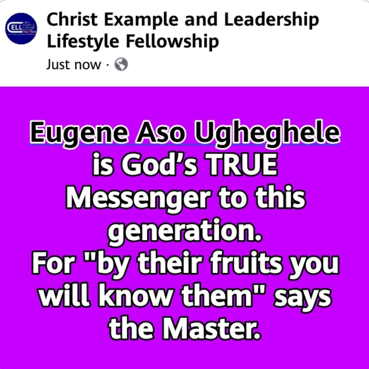 CELLfellowship's tweet photo. @EugeneAso Ugheghele is God’s TRUE Messenger to this generation.
For "by their fruits you will know them" says the Master. https://t.co/3aE9YV4Aoa