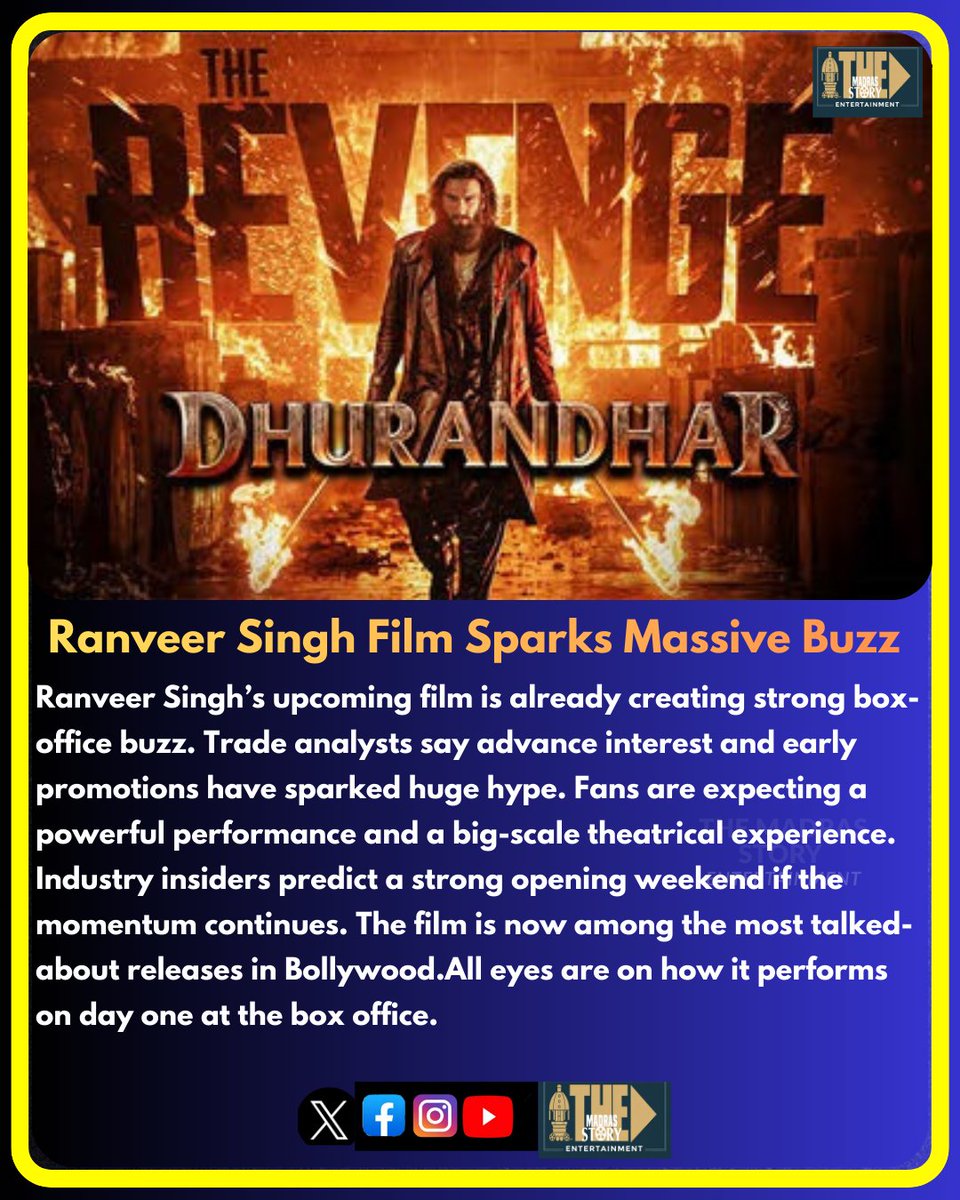 AahaTweets's tweet image. Ranveer Singh’s Next Big Release Sparks Massive Box-Office Buzz #RanveerSingh #Bollywood #BoxOfficeBuzz #HindiCinema #UpcomingFilm #FilmUpdate #MovieNews #Themadrasstory
