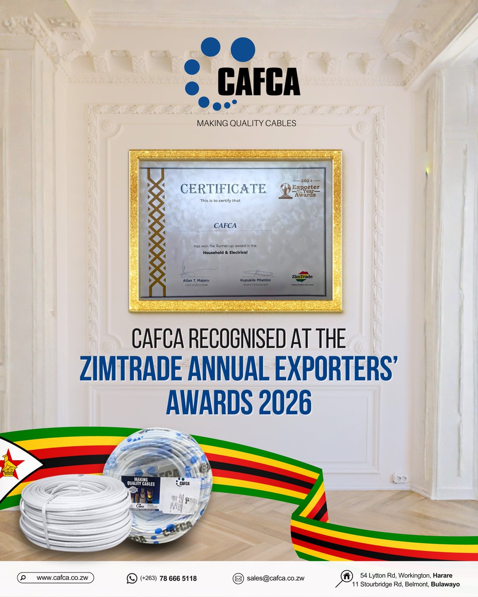 CAFCAzw's tweet image. 🏆 CAFCA is proud to be recognised at the ZimTrade Annual Exporters’ Awards Presentation 2026 — a celebration of Zimbabwean manufacturing excellence. 

Thank you to our team, partners, and customers for being part of the journey. ⚡

#CAFCA #ExportExcellence #ProudlyZimbabwean