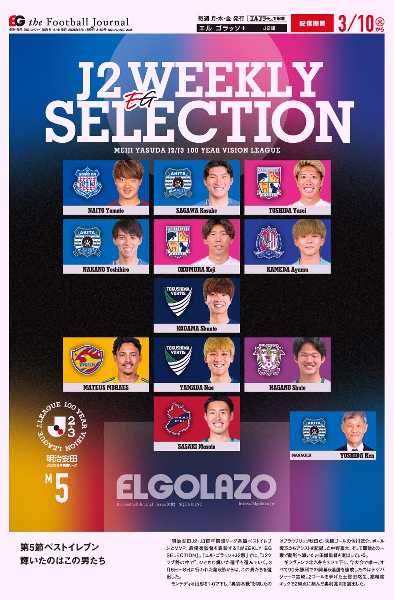 明治安田J2・J3百年構想リーグ第5節
『J2 WEEKLY EG SELECTION』🏅

【エルゴラ+】📱スマホで見やすいJ2版
elgolazo.jp/magazine/

“奥羽本戦”を制した秋田から3名を選出🔥
5連勝達成の宮崎からは2名を選出‼️
MVPは、全得点関与のあの男✨

#J2 #ブラウブリッツ秋田 #montedio #iwakifc #vfk